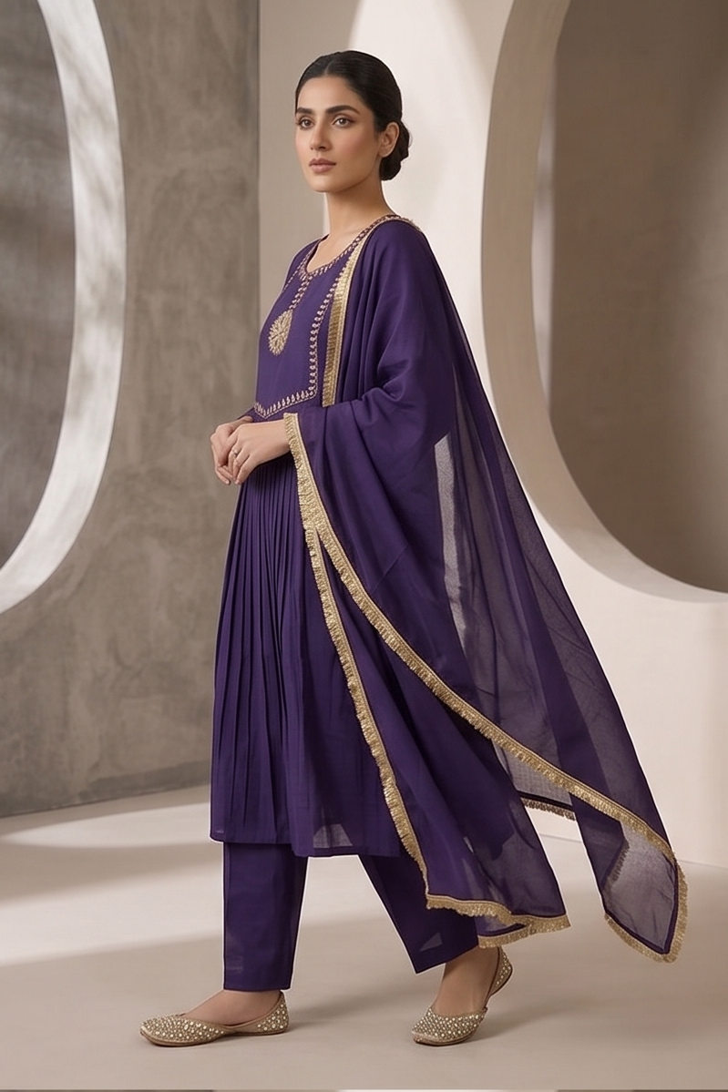 Deep Purple Embroidered Suit Set