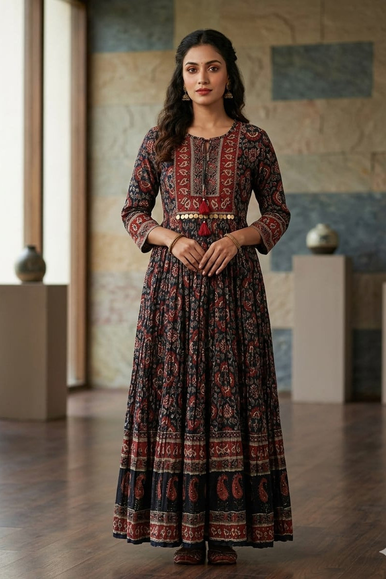 Black & Red Floral Print Cotton Dress