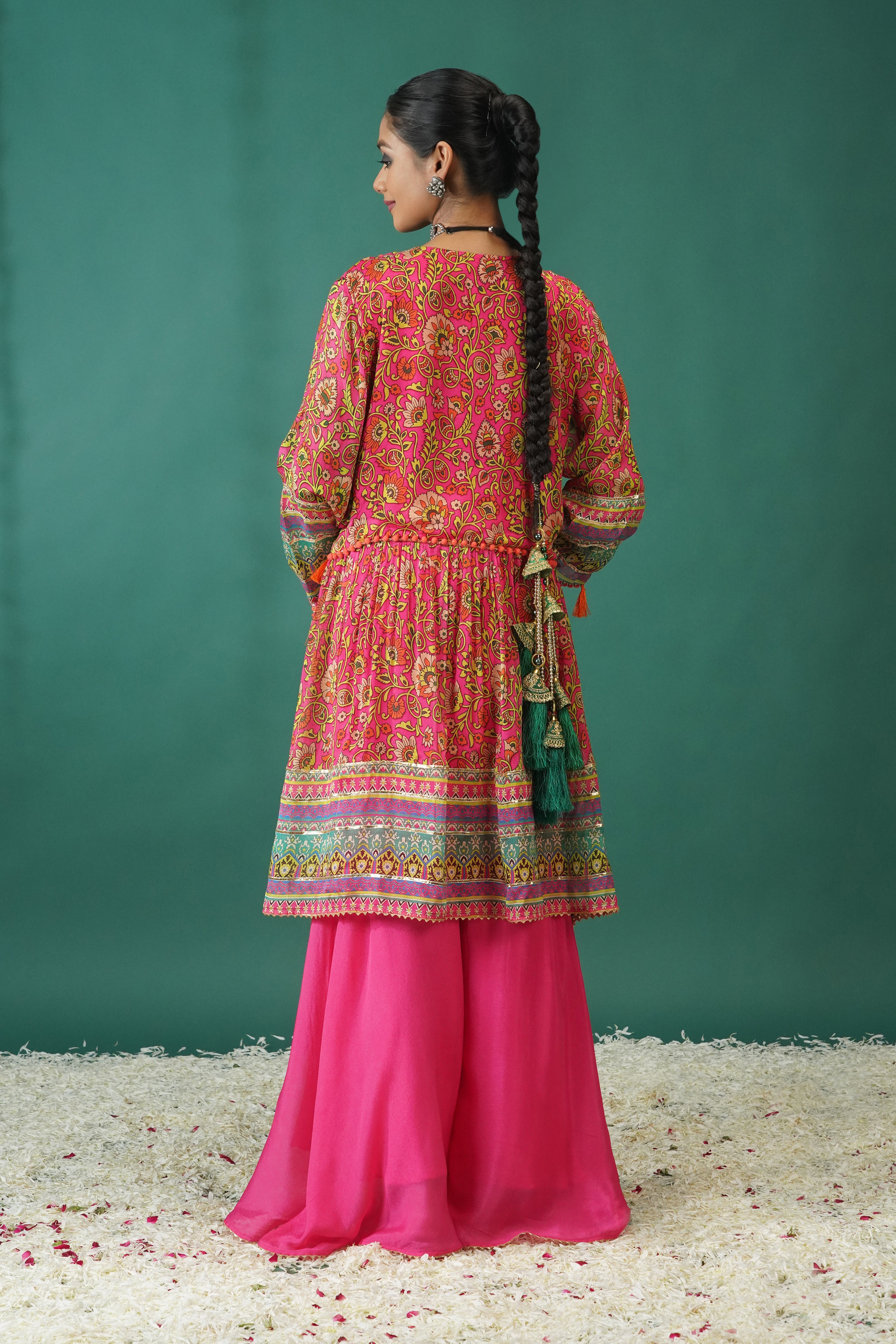 Pink Traditional Printed Chinon Silk Palazzo Set