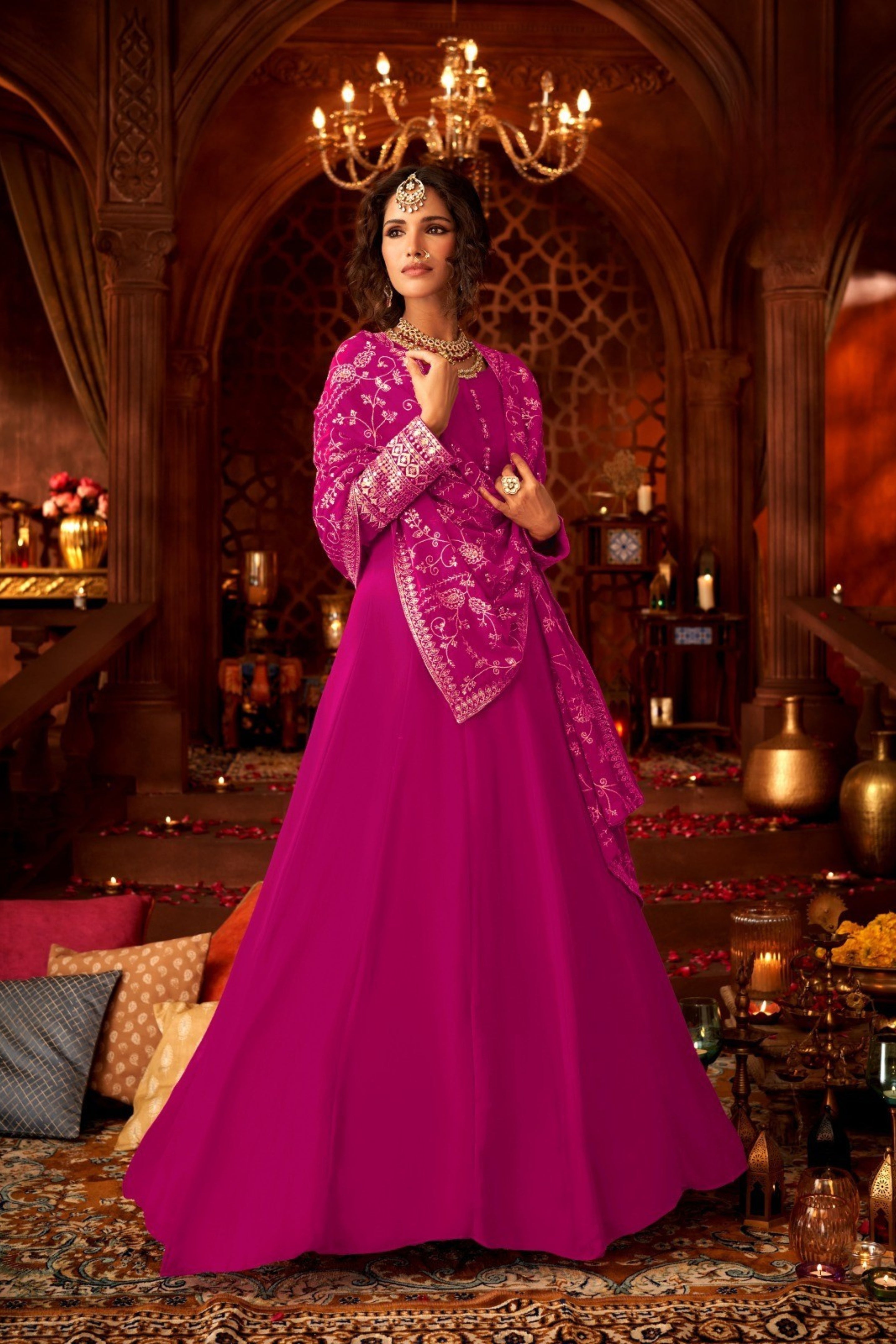 Pink Embellished Georgette Silk Anarkali Set