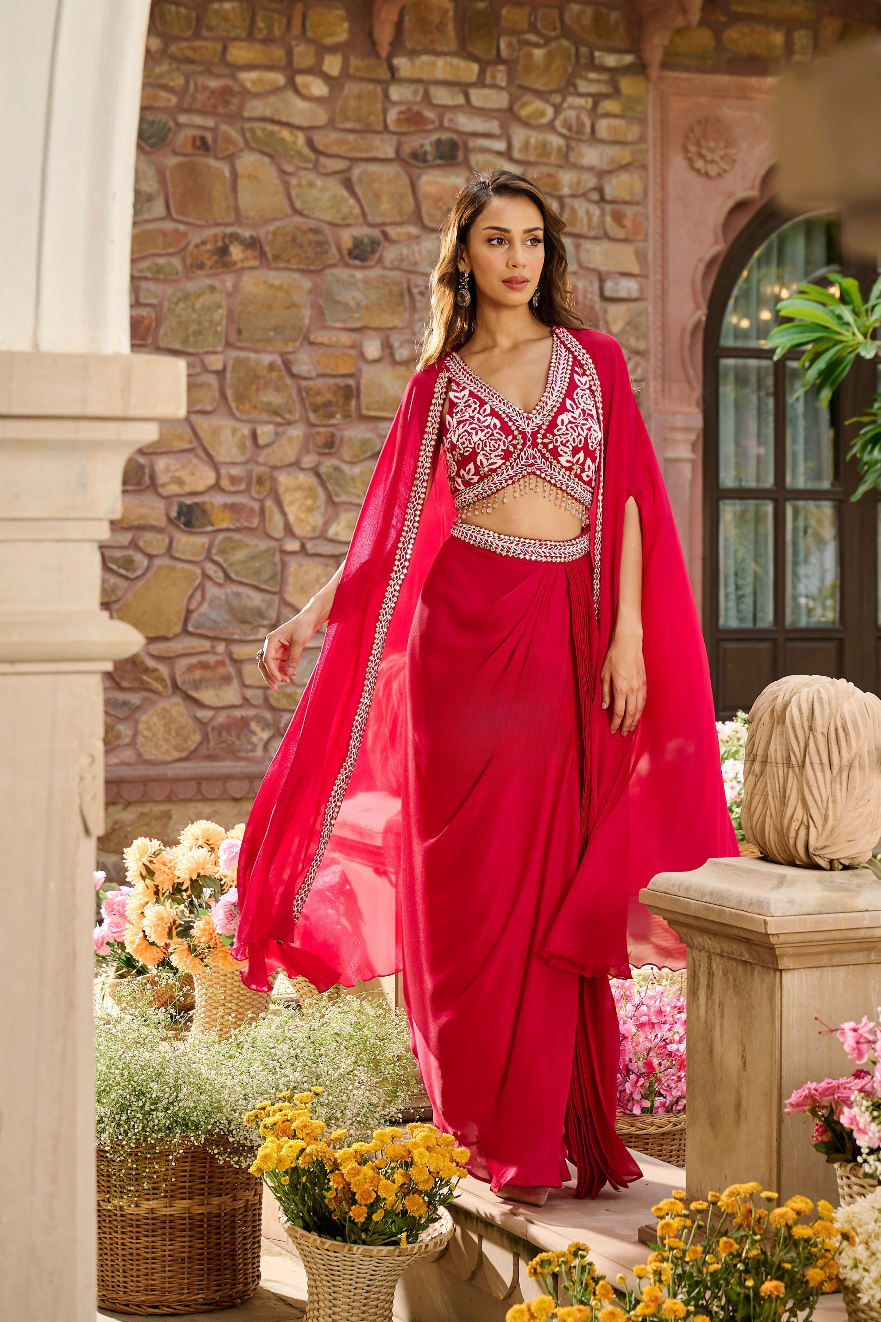 Pink Embroidered Cape Set