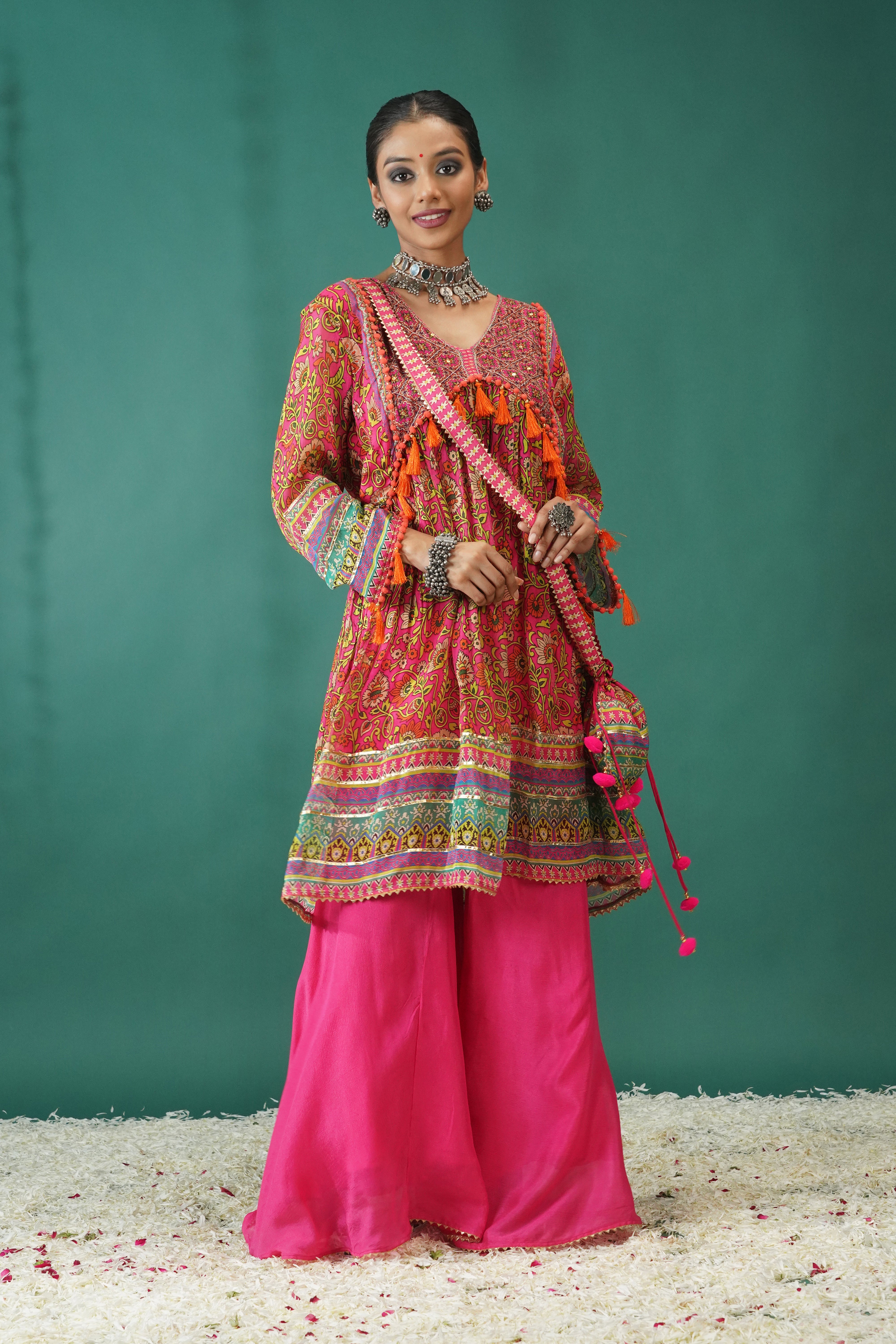 Pink Traditional Printed Chinon Silk Palazzo Set