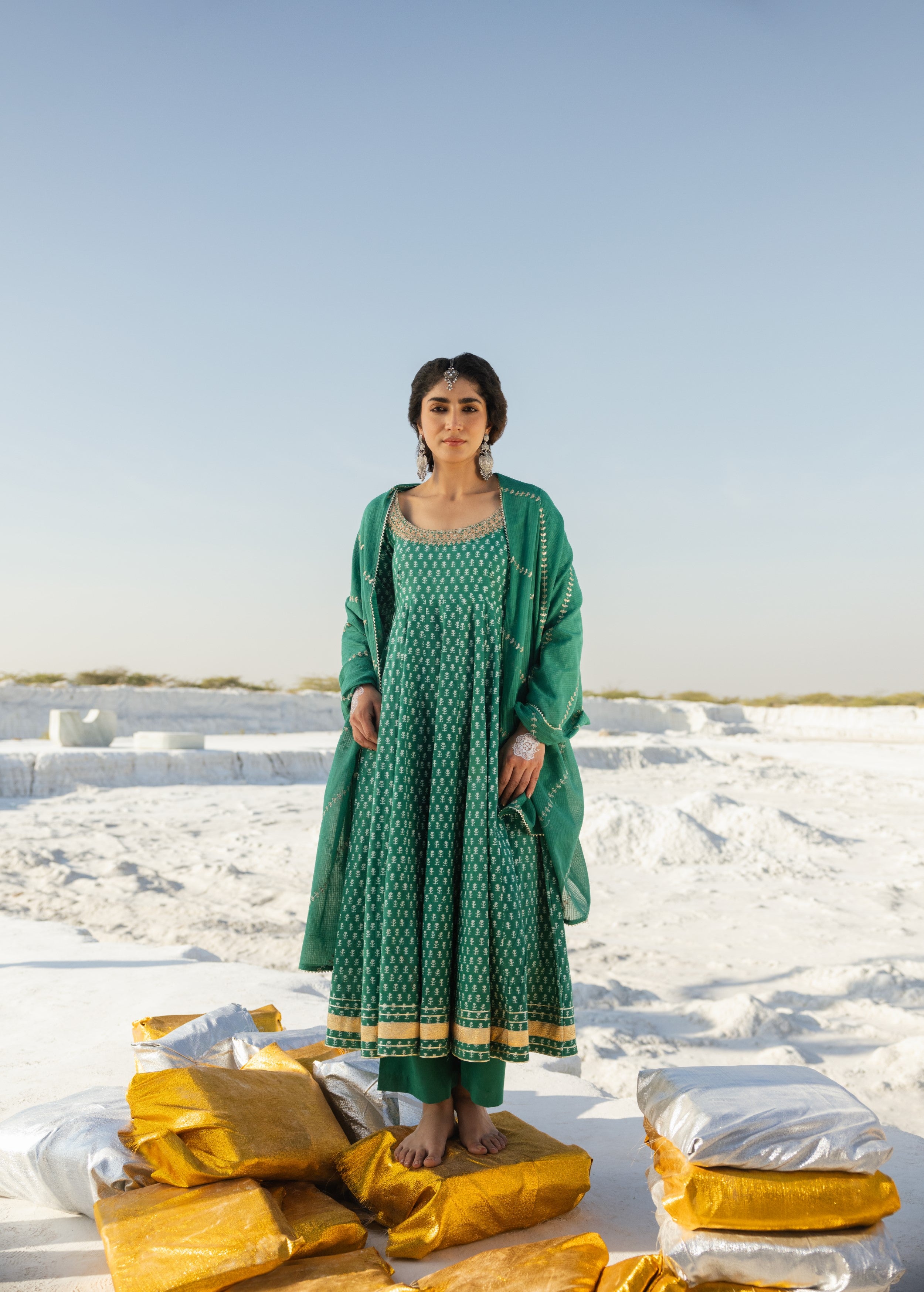 Emerald Green Embellished Organic Cotton Anarkali Set