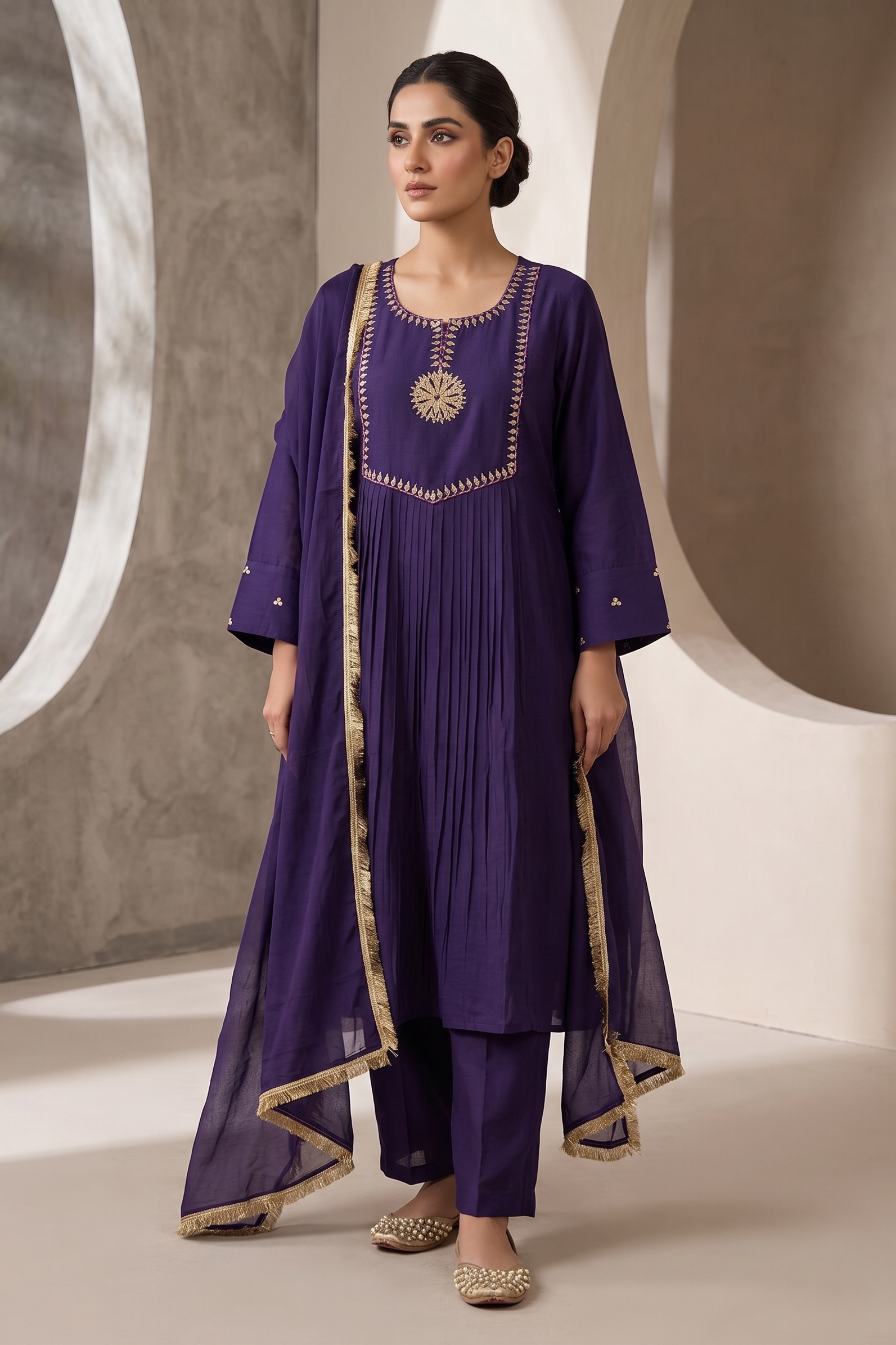 Deep Purple Embroidered Suit Set