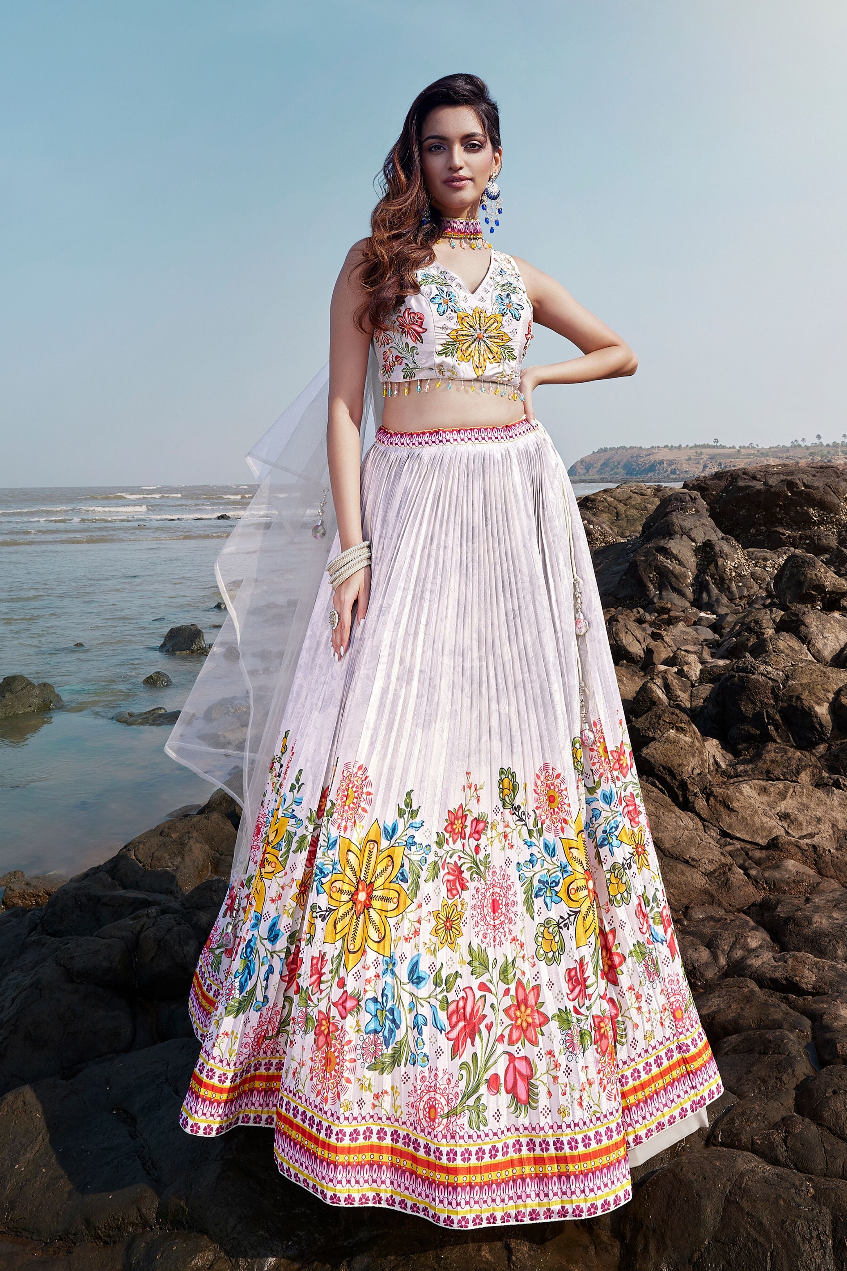 Pale Grey Floral Printed Chinon Silk Lehenga Set