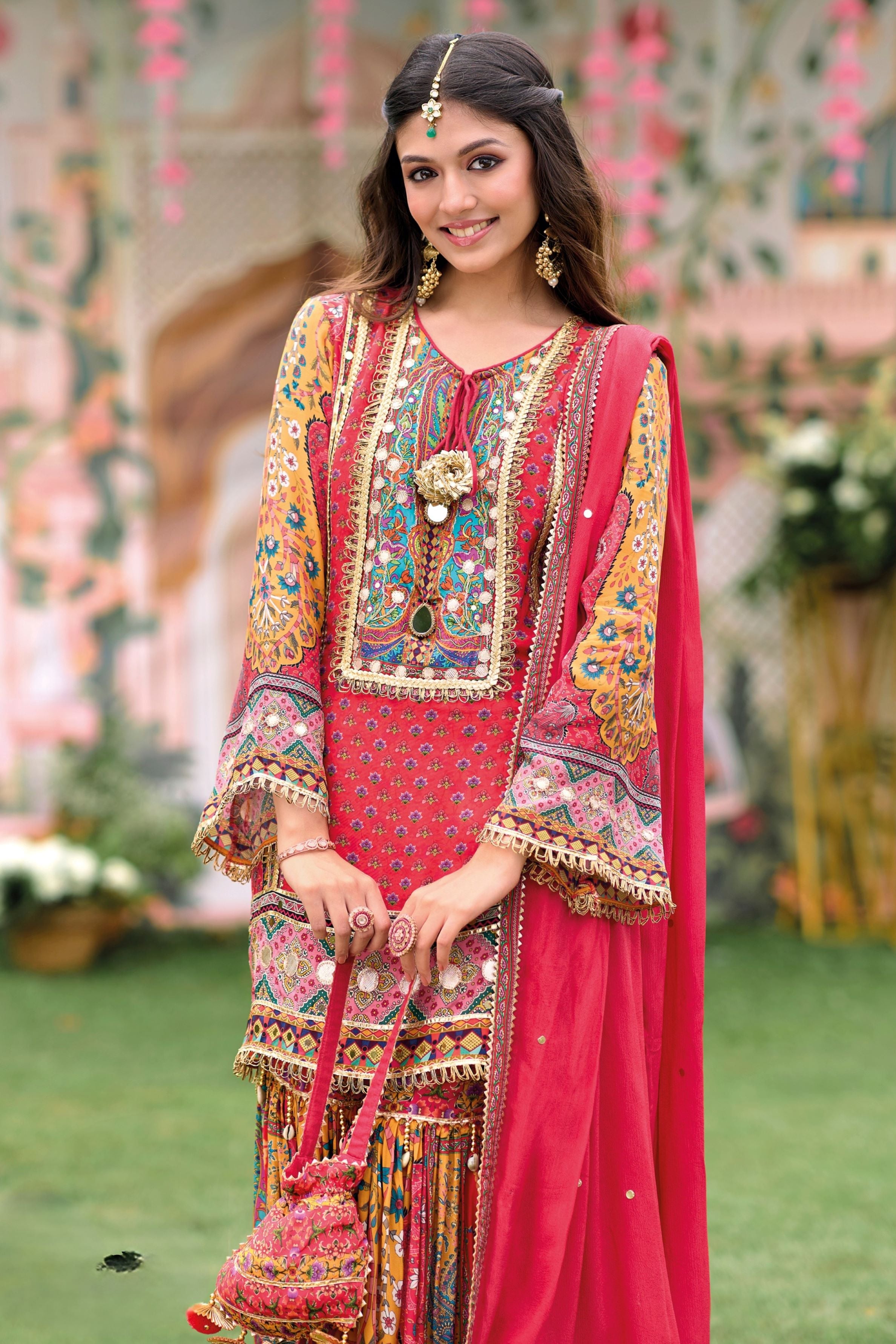 Red Traditional Printed Crepe Silk Sharara Set