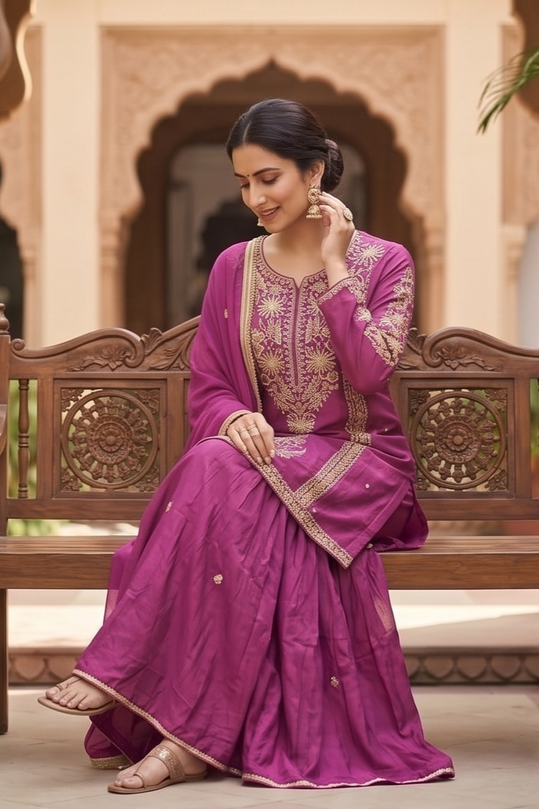 Plum Purple Embroidered Premium Silk Palazzo Set