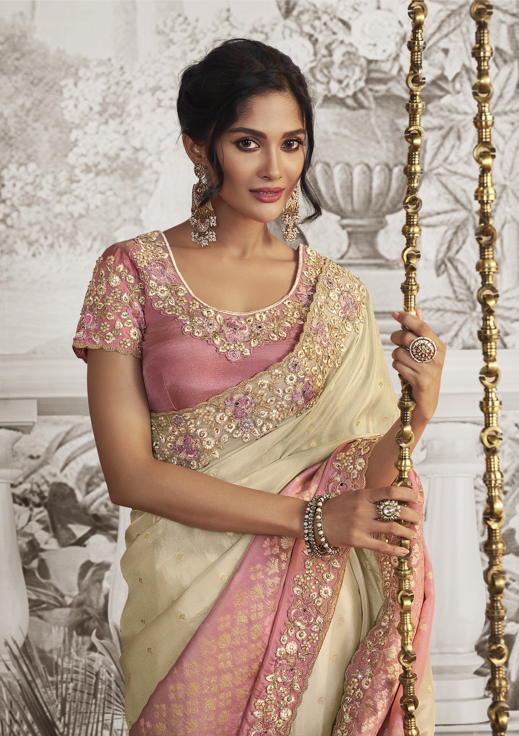 Pink Ombre-Dyed Embroidered Saree