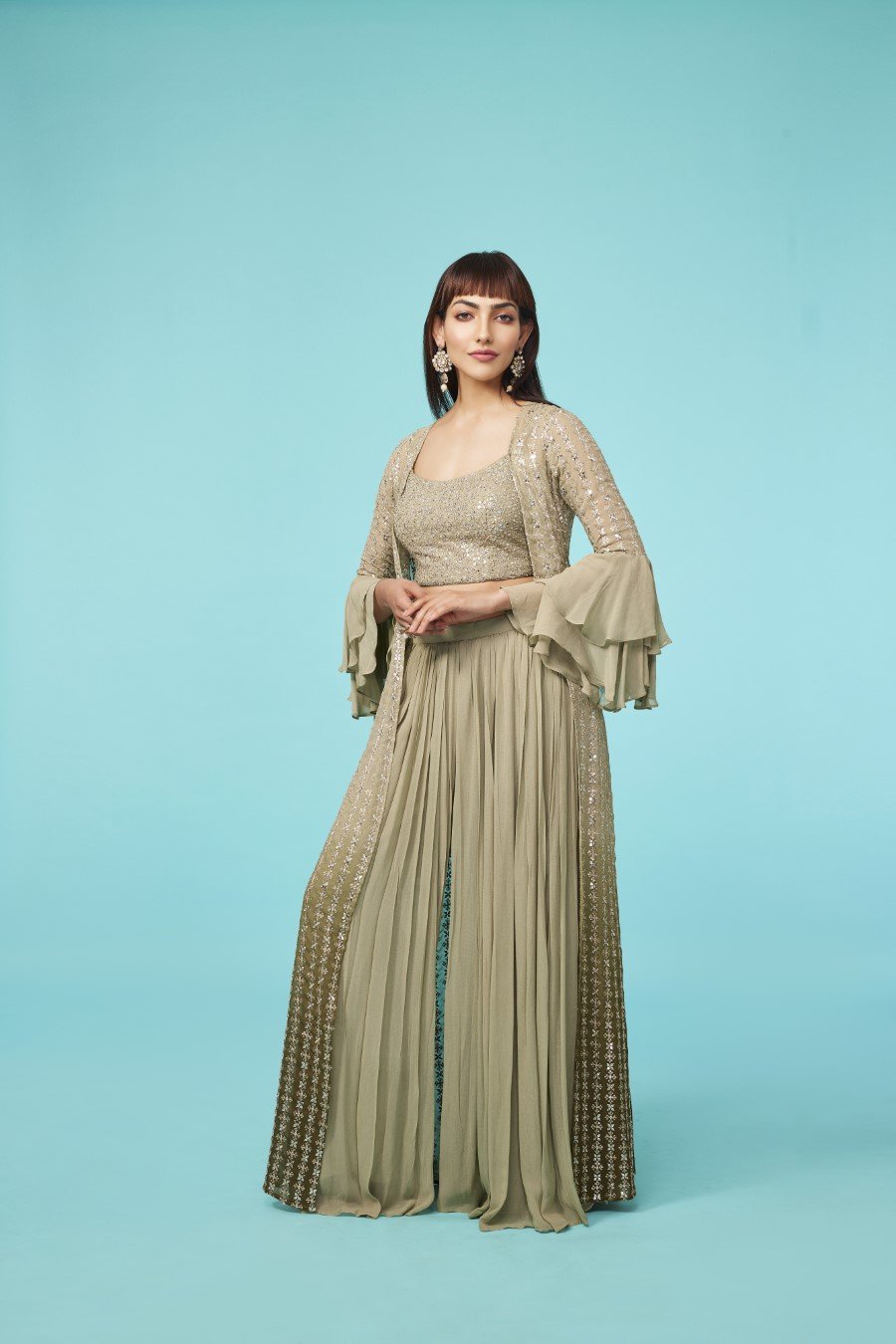 Dusky Green Embellished Cape Set with Palazzo