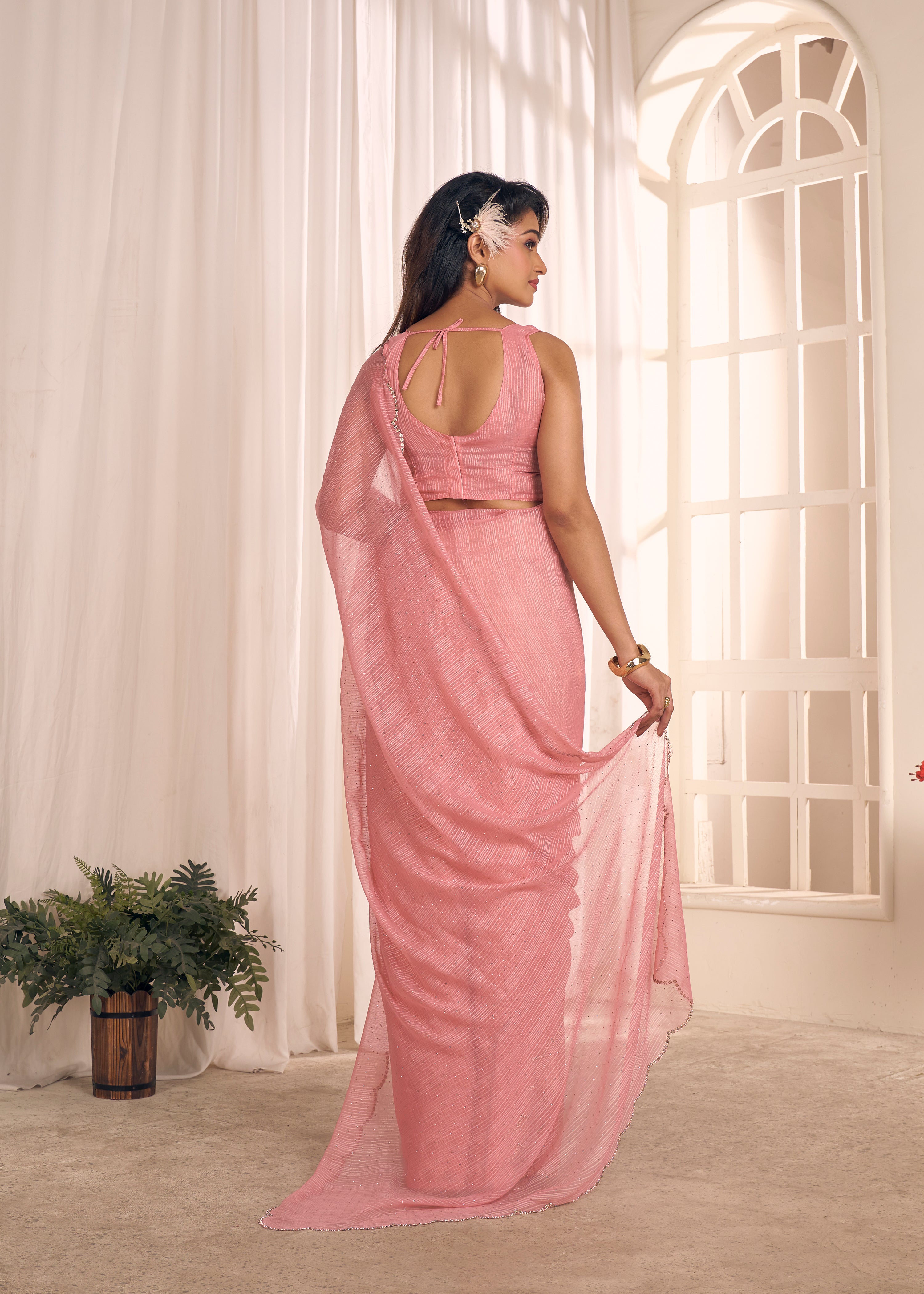 Baby Pink Shimmer Embellished Premium Silk Saree
