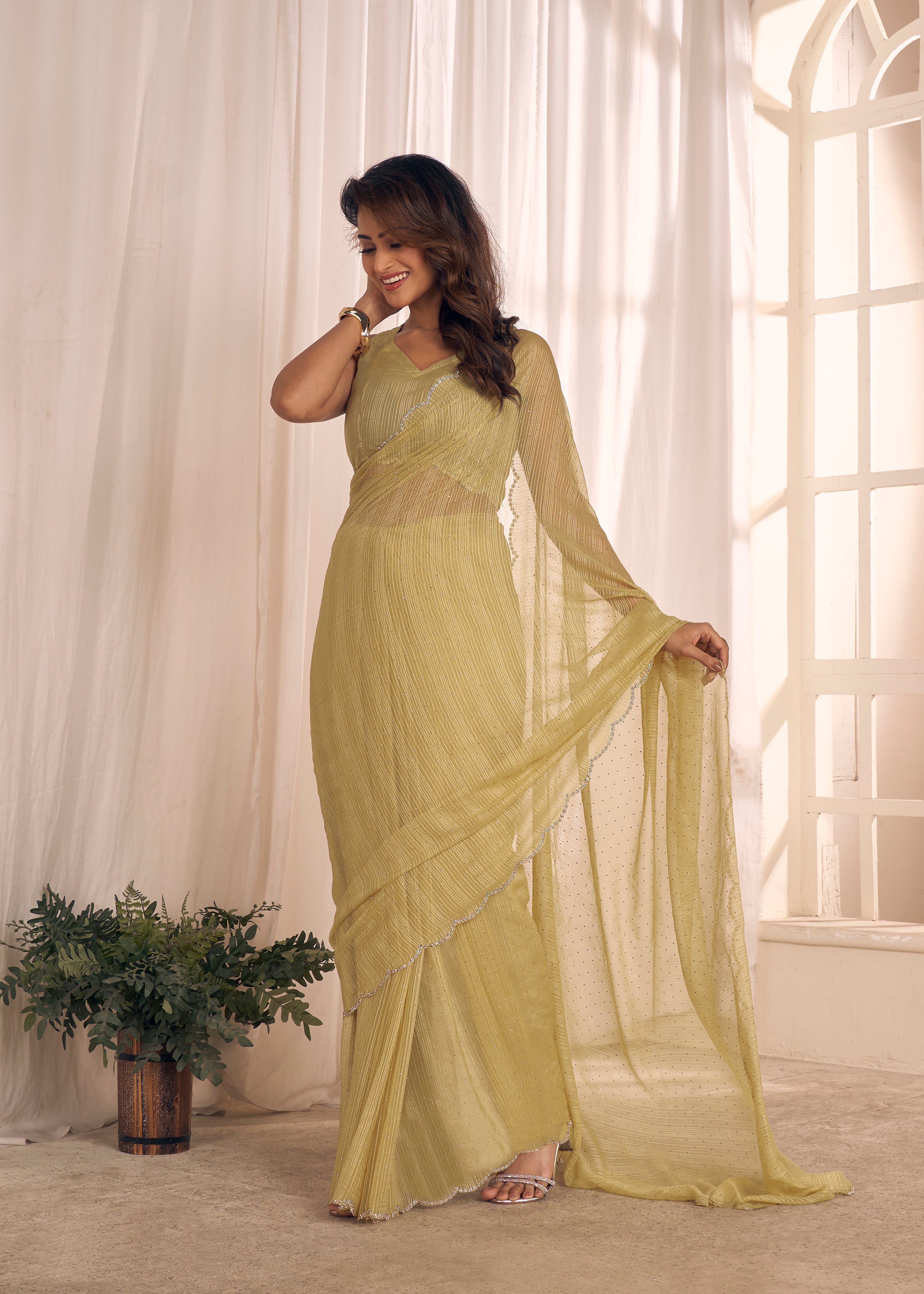Pistachio Shimmer Embellished Premium Silk Saree