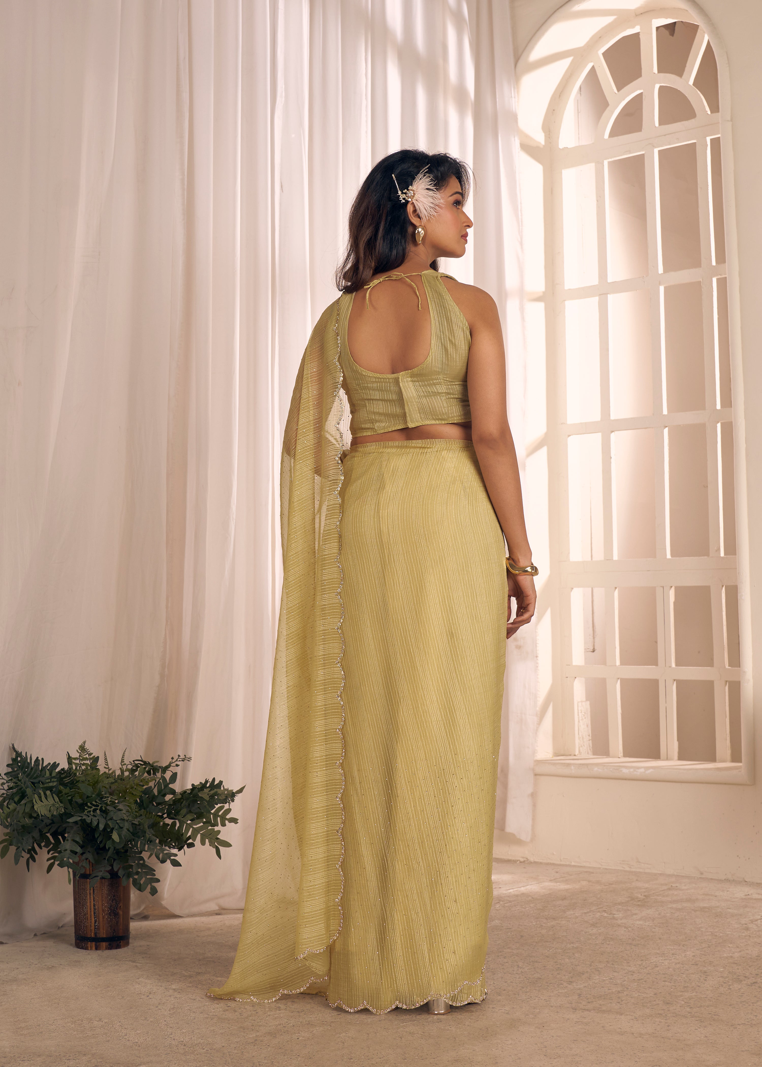 Pistachio Shimmer Embellished Premium Silk Saree