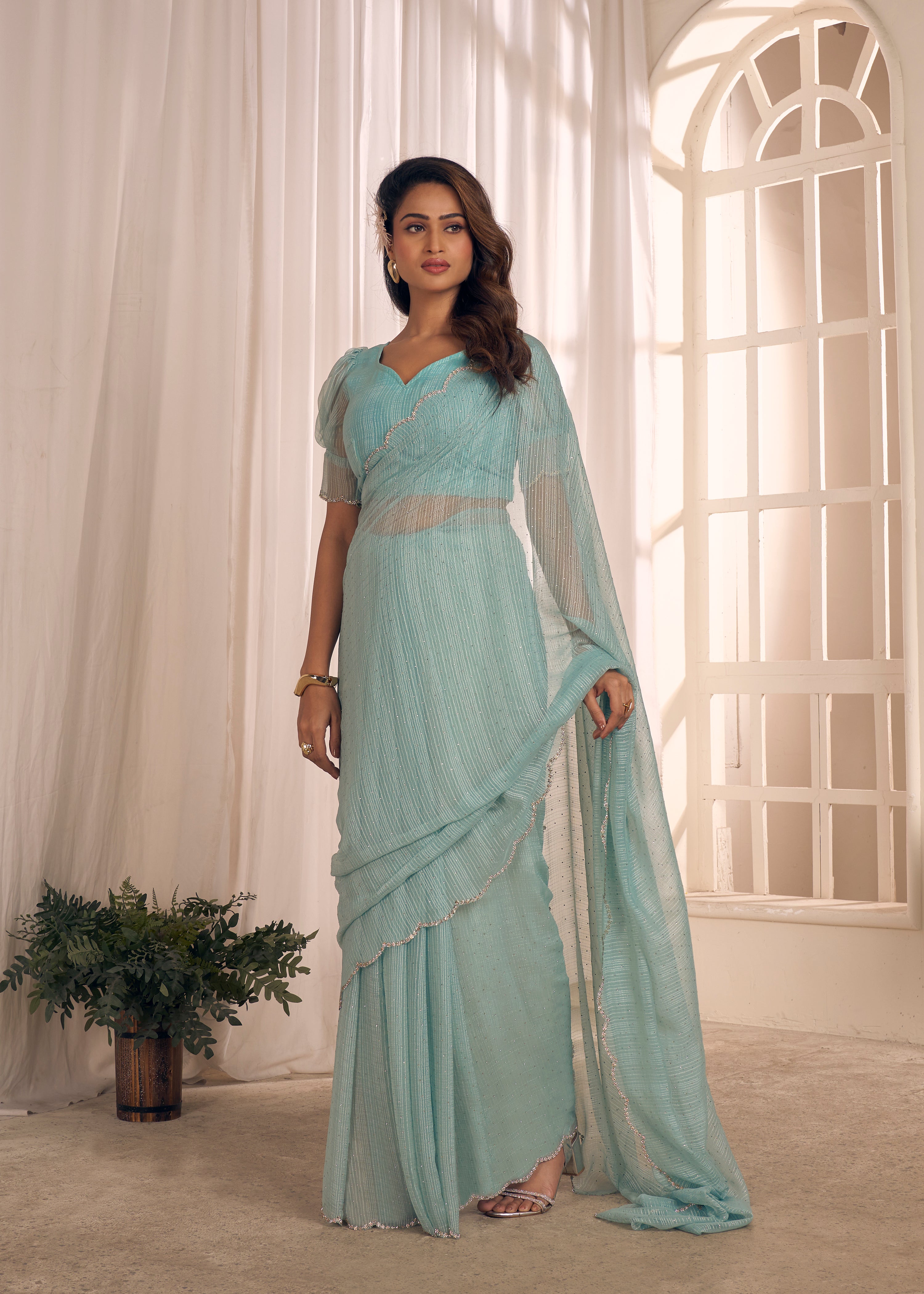Baby Blue Shimmer Embellished Premium Silk Saree