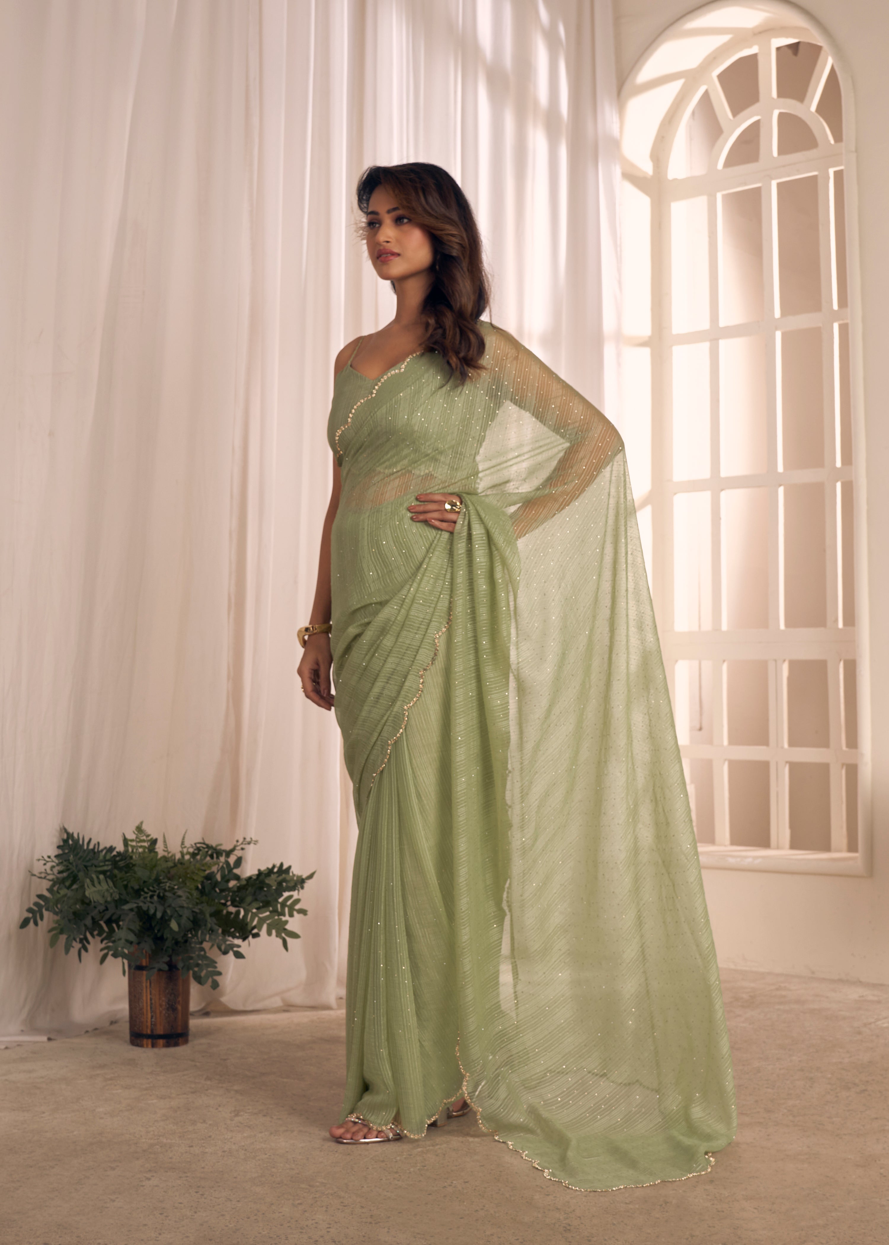 Sage Shimmer Embellished Premium Silk Saree