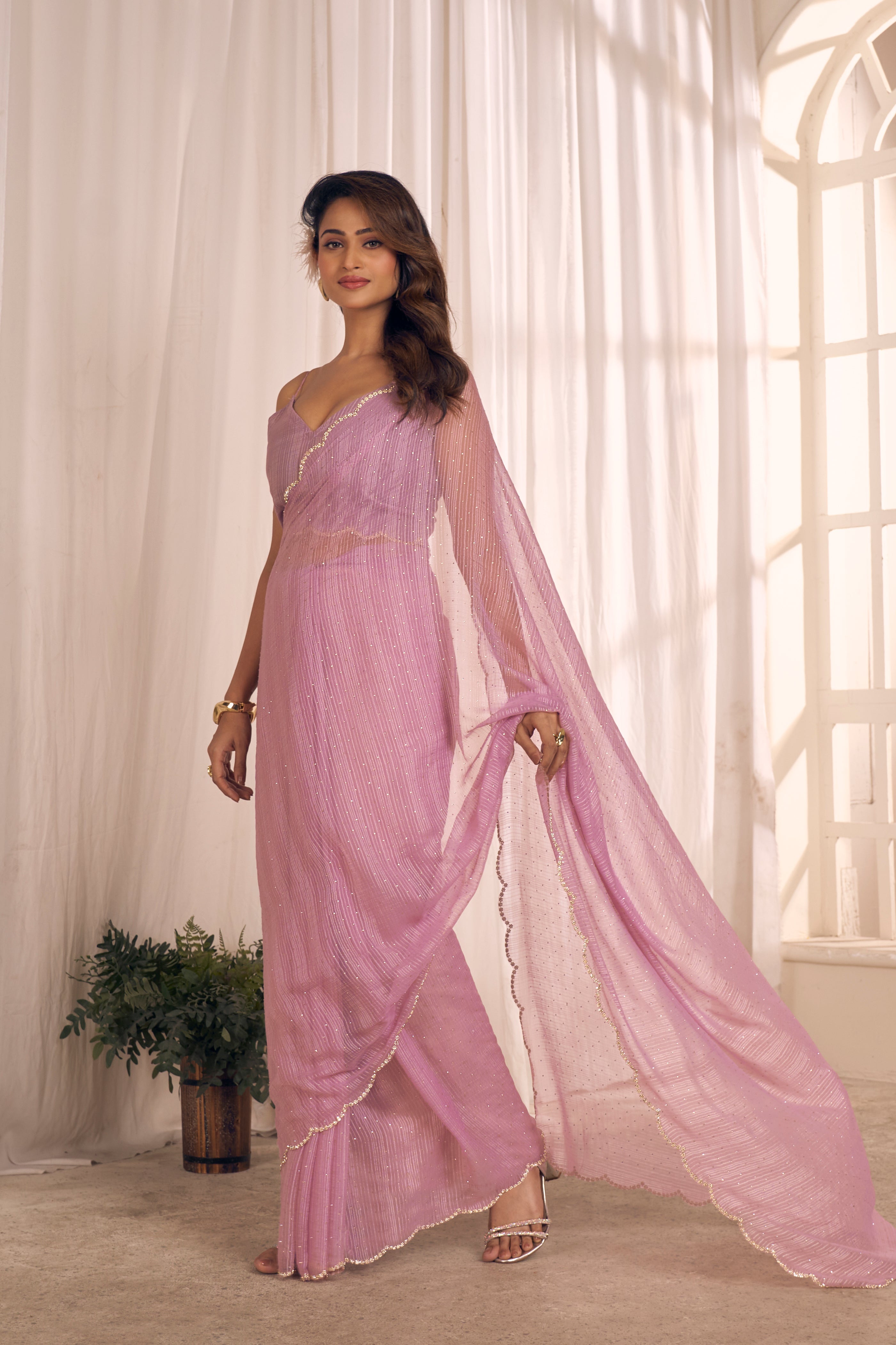 Lilac Shimmer Embellished Premium Silk Saree