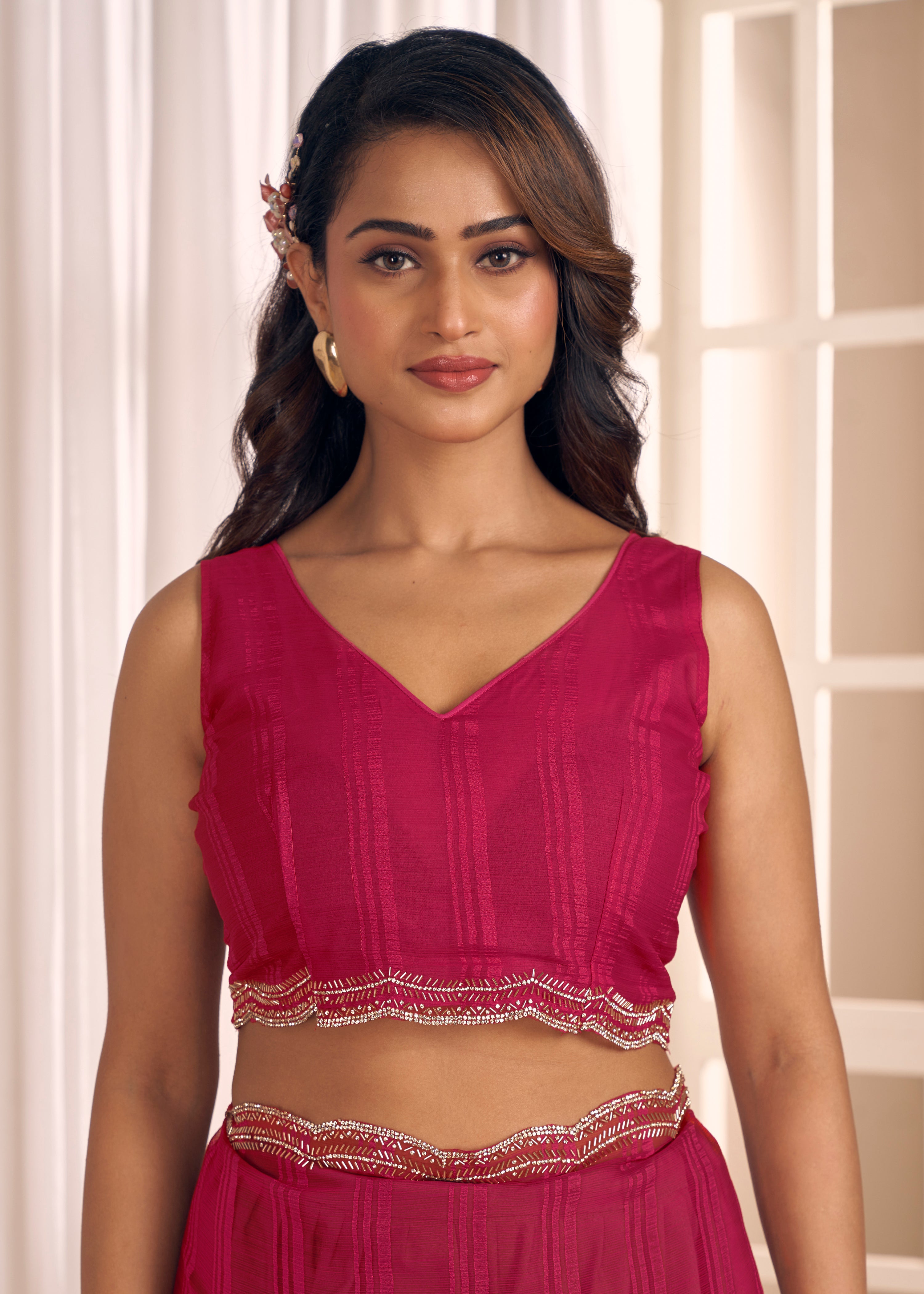 Hot Pink Shimmer Embellished Premium Silk Saree