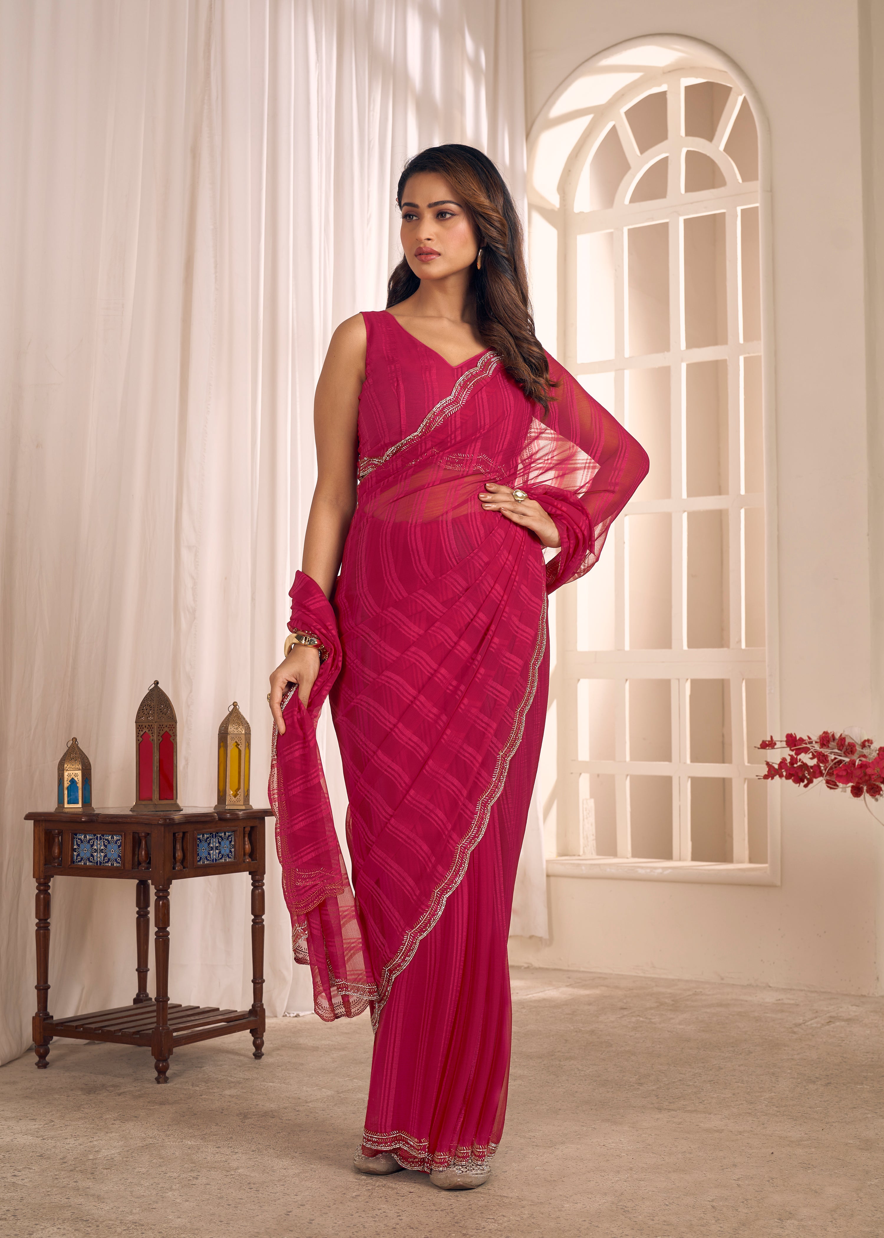 Hot Pink Shimmer Embellished Premium Silk Saree