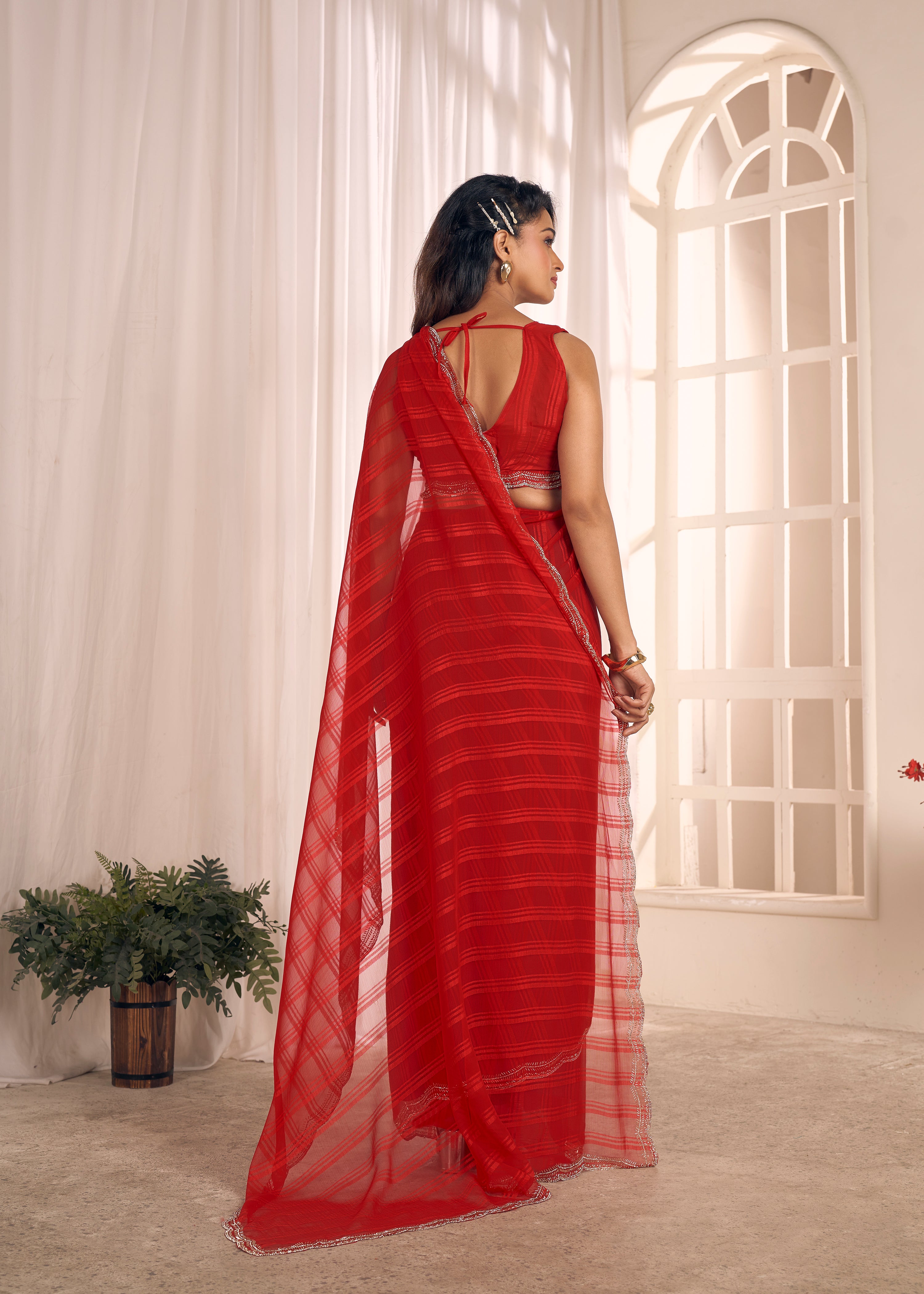 Chilli Red Shimmer Embellished Premium Silk Saree