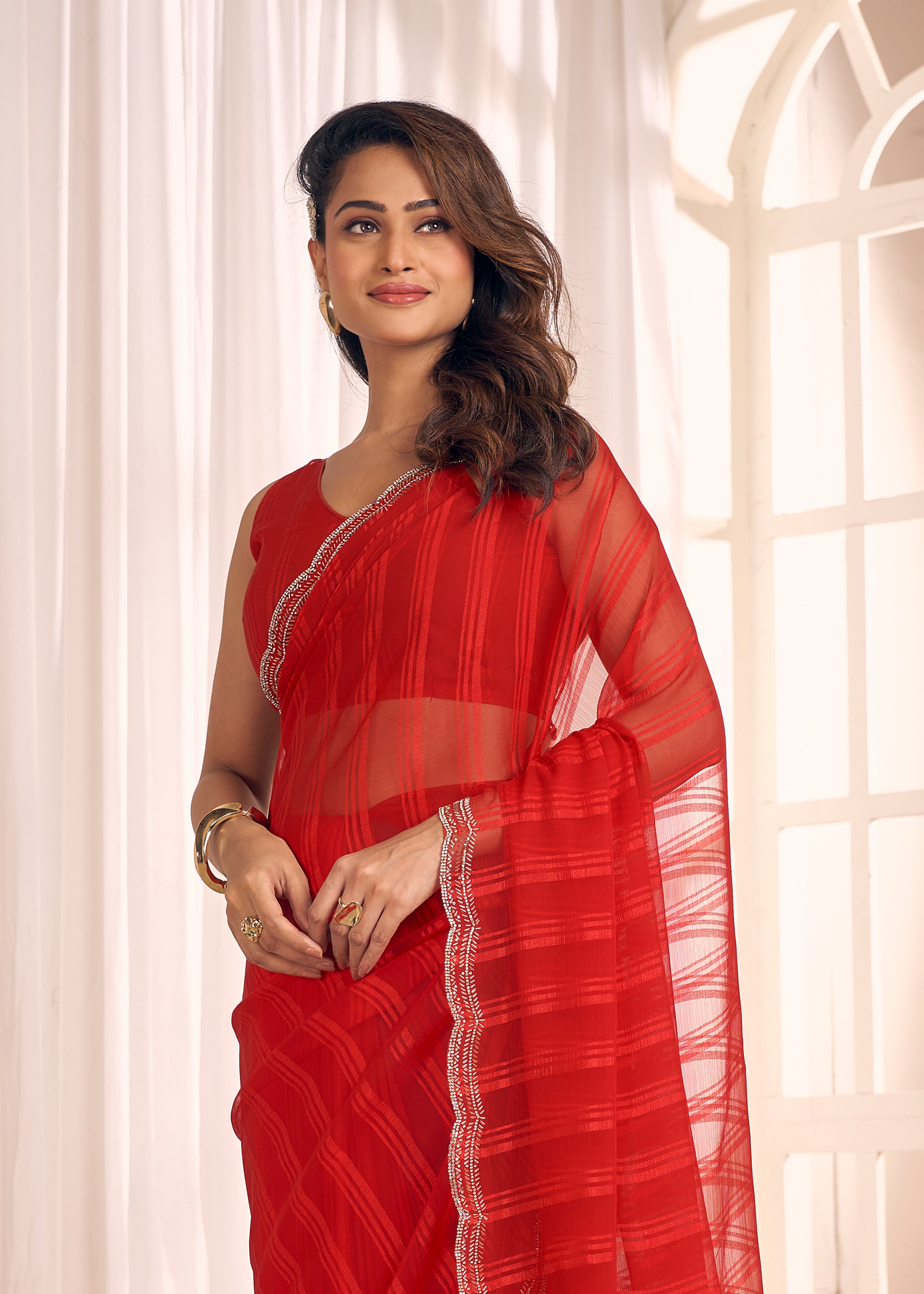 Chilli Red Shimmer Embellished Premium Silk Saree