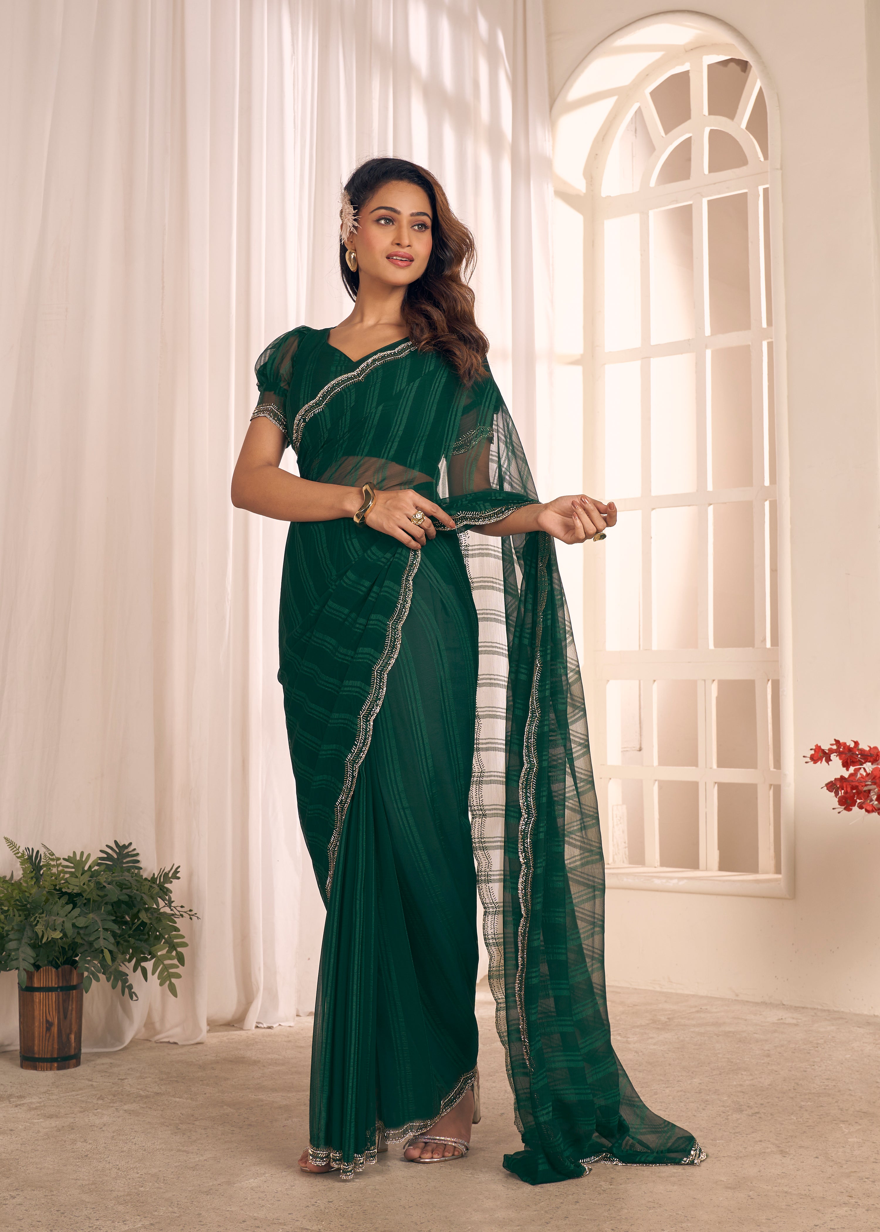 Green Shimmer Embellished Premium Silk Saree