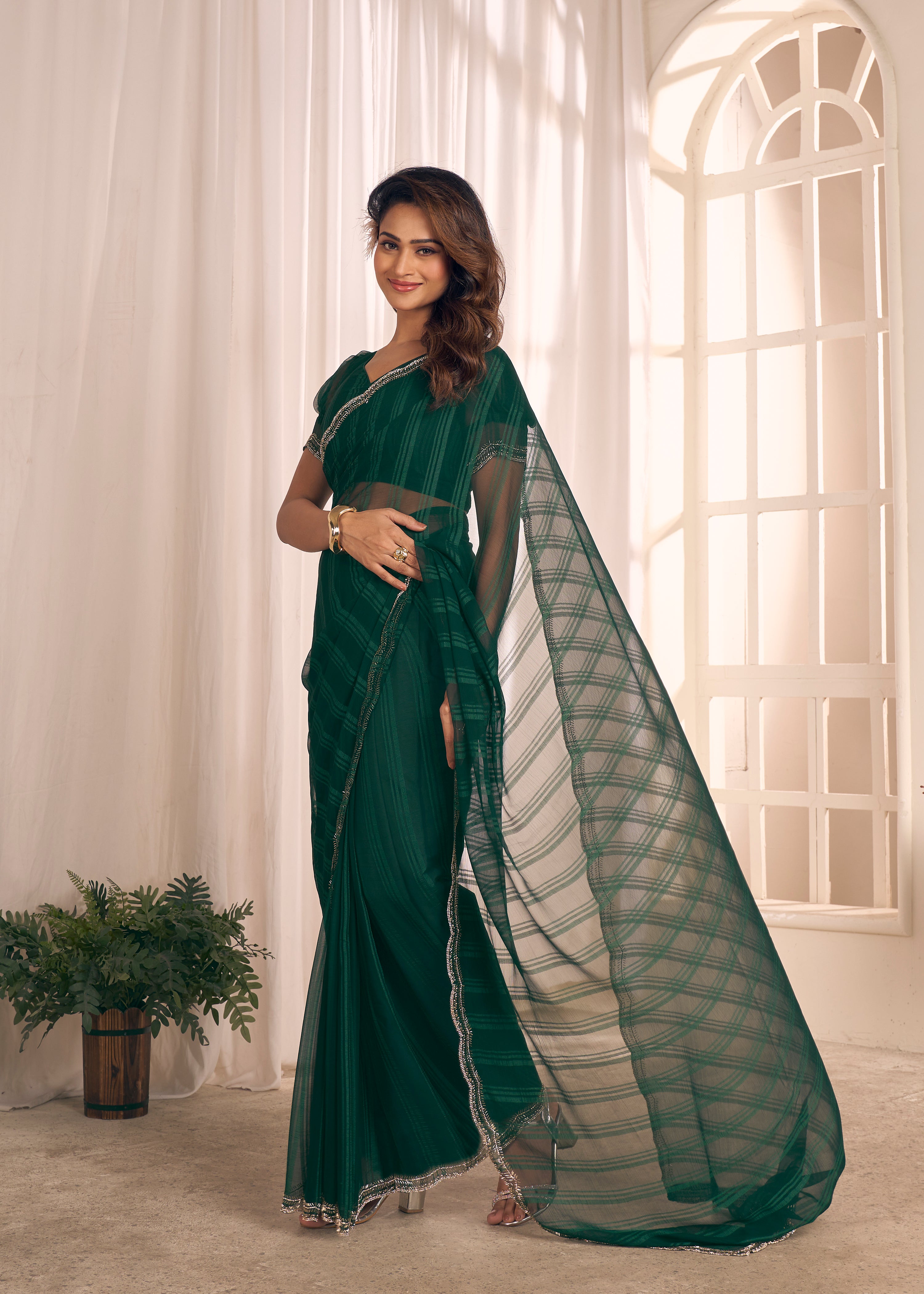 Green Shimmer Embellished Premium Silk Saree