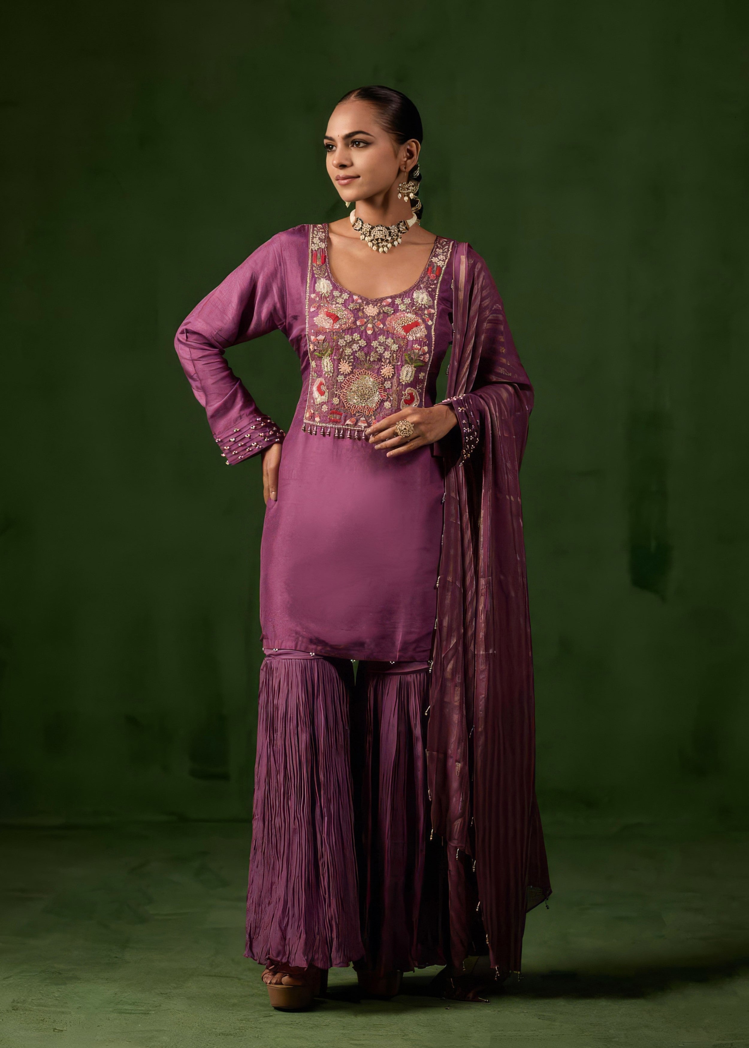 Plum Purple Embellished Raw Silk Sharara Set