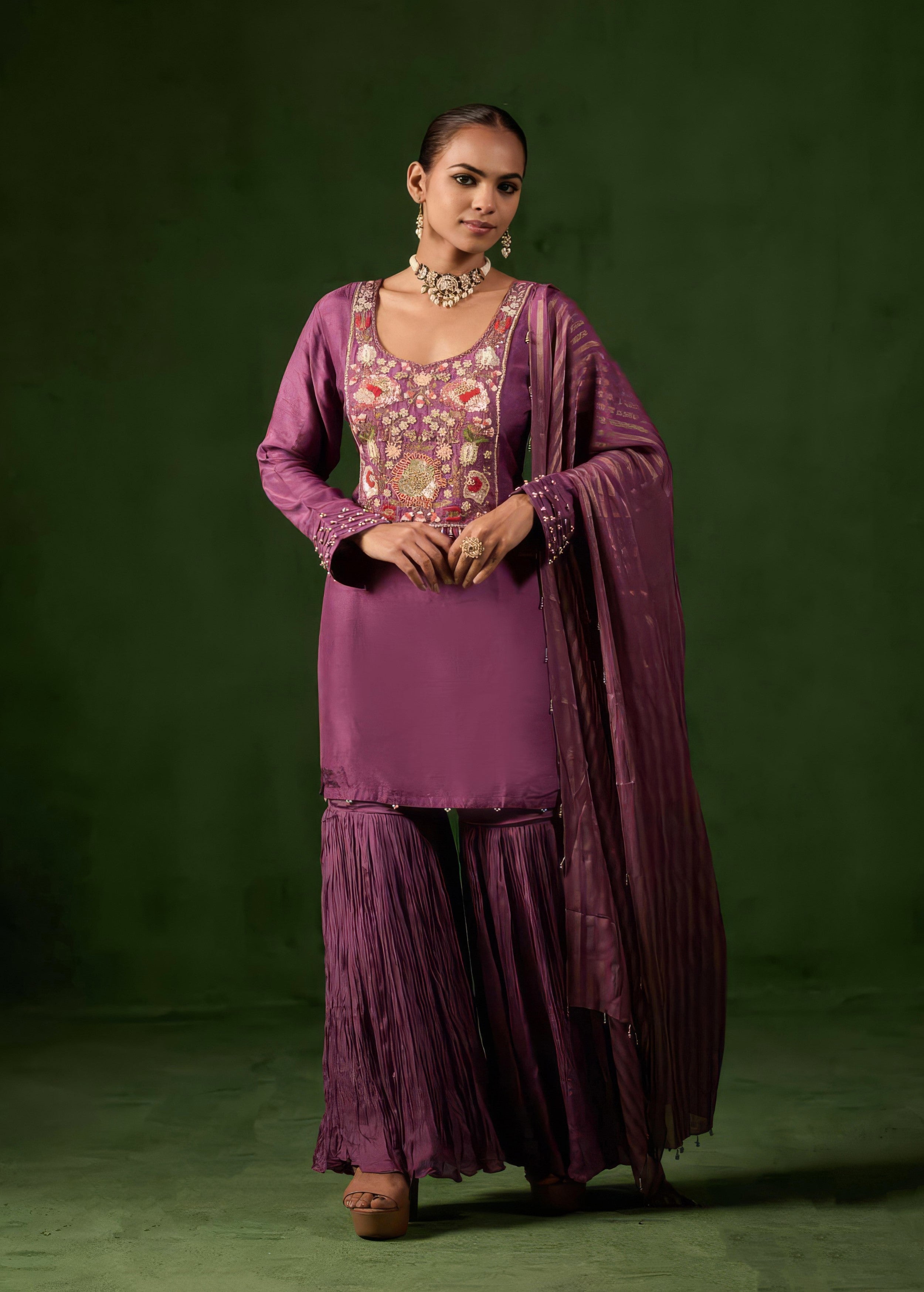 Plum Purple Embellished Raw Silk Sharara Set