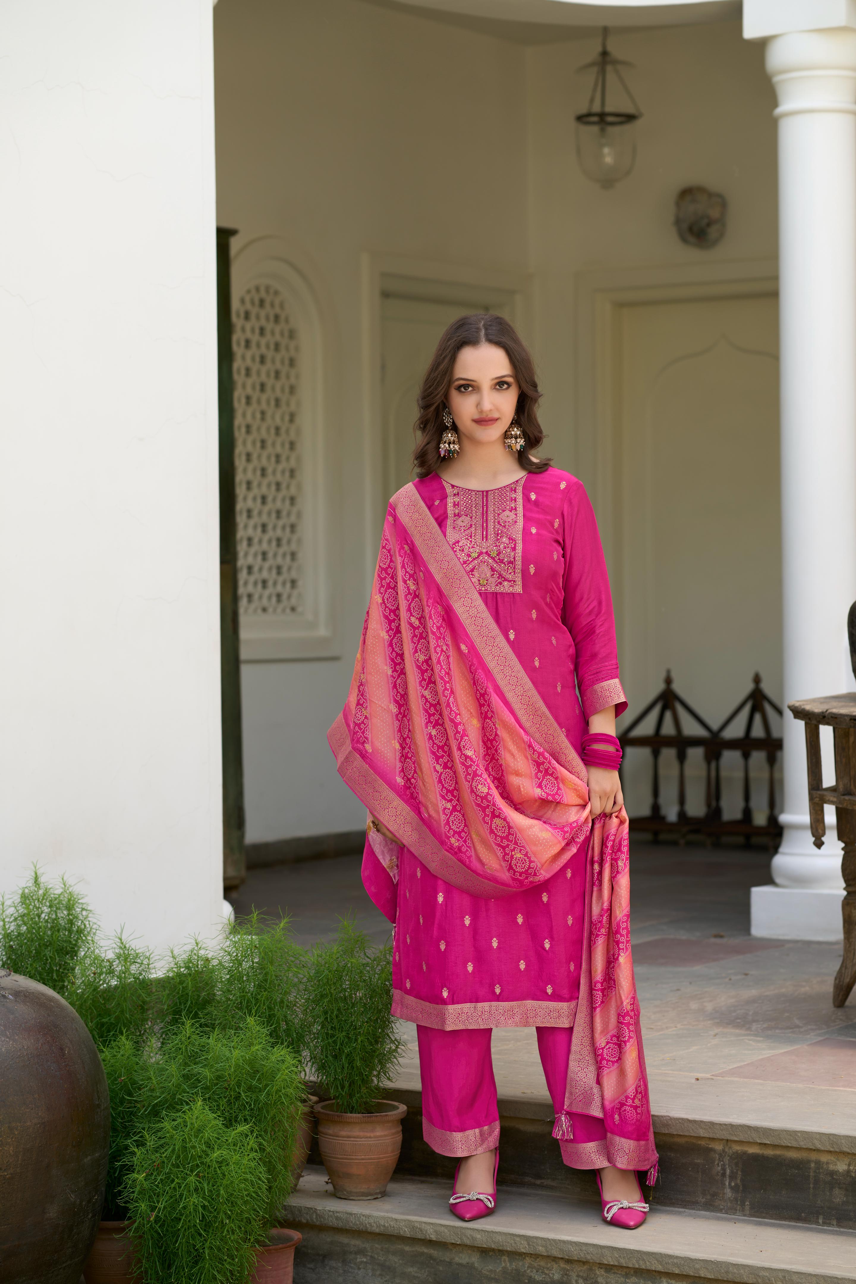 Rani Pink Embellished Brocade Silk Pants Set