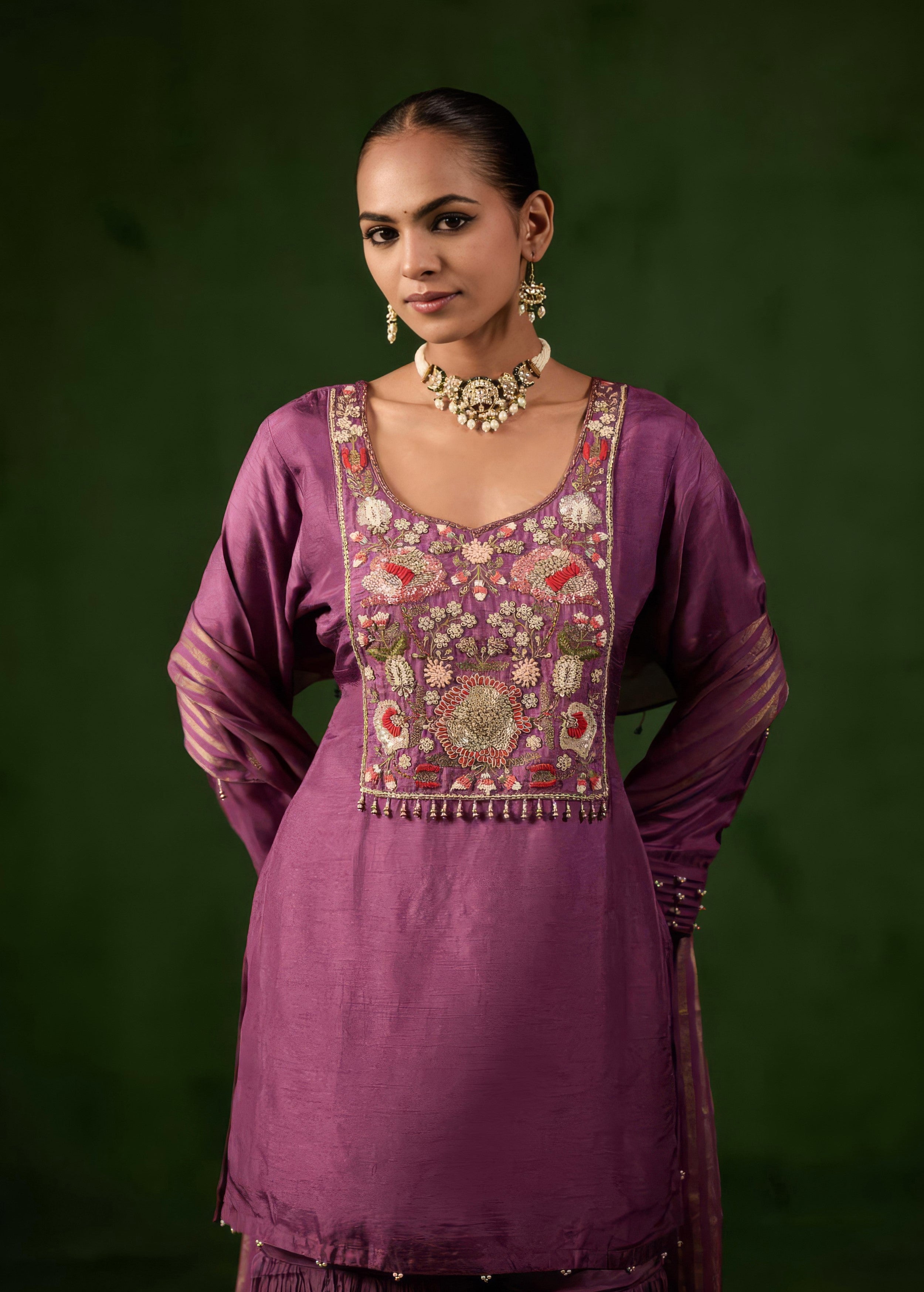 Plum Purple Embellished Raw Silk Sharara Set