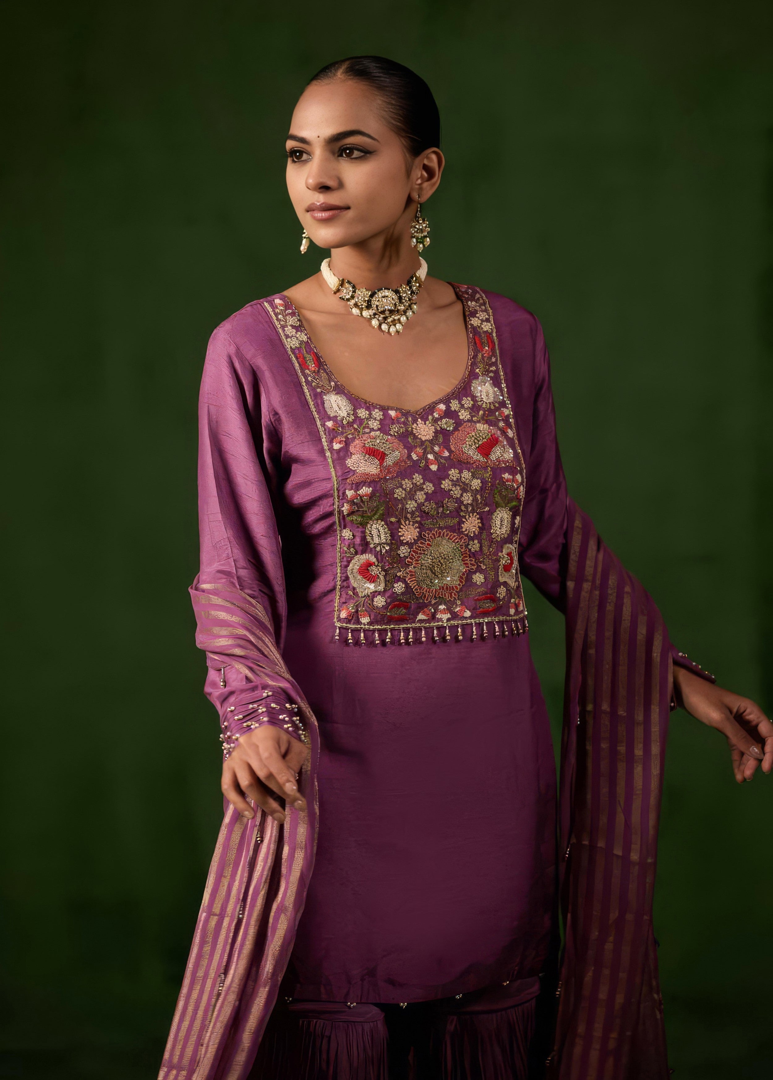 Plum Purple Embellished Raw Silk Sharara Set