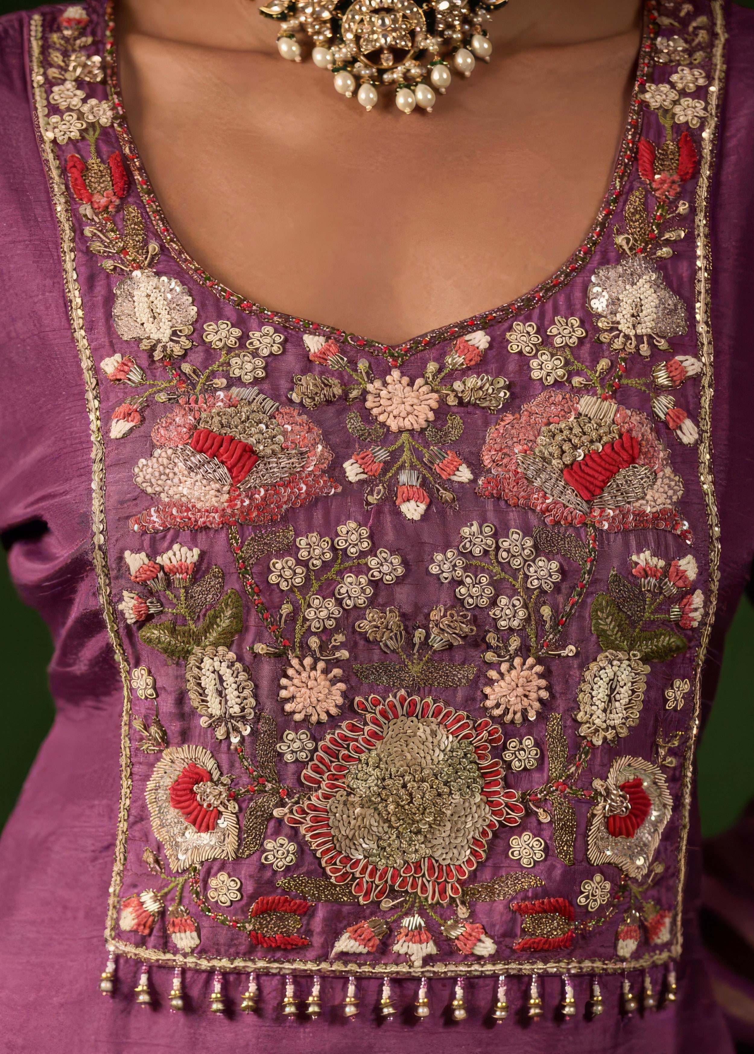 Plum Purple Embellished Raw Silk Sharara Set