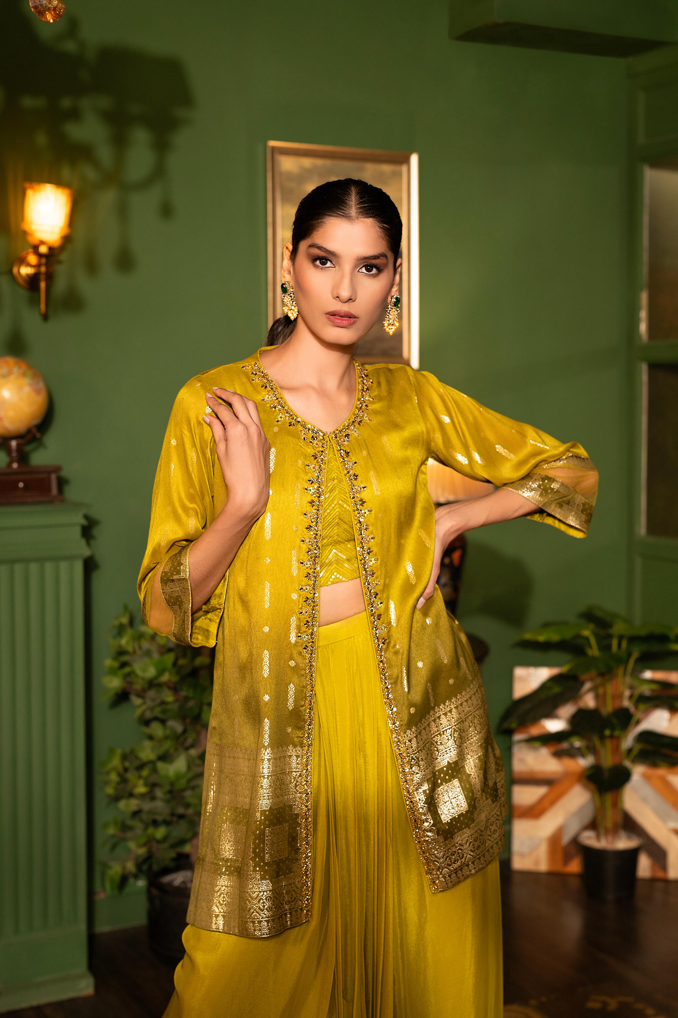 Golden Yellow Embellished Premium Silk Jacket & Skirt Set