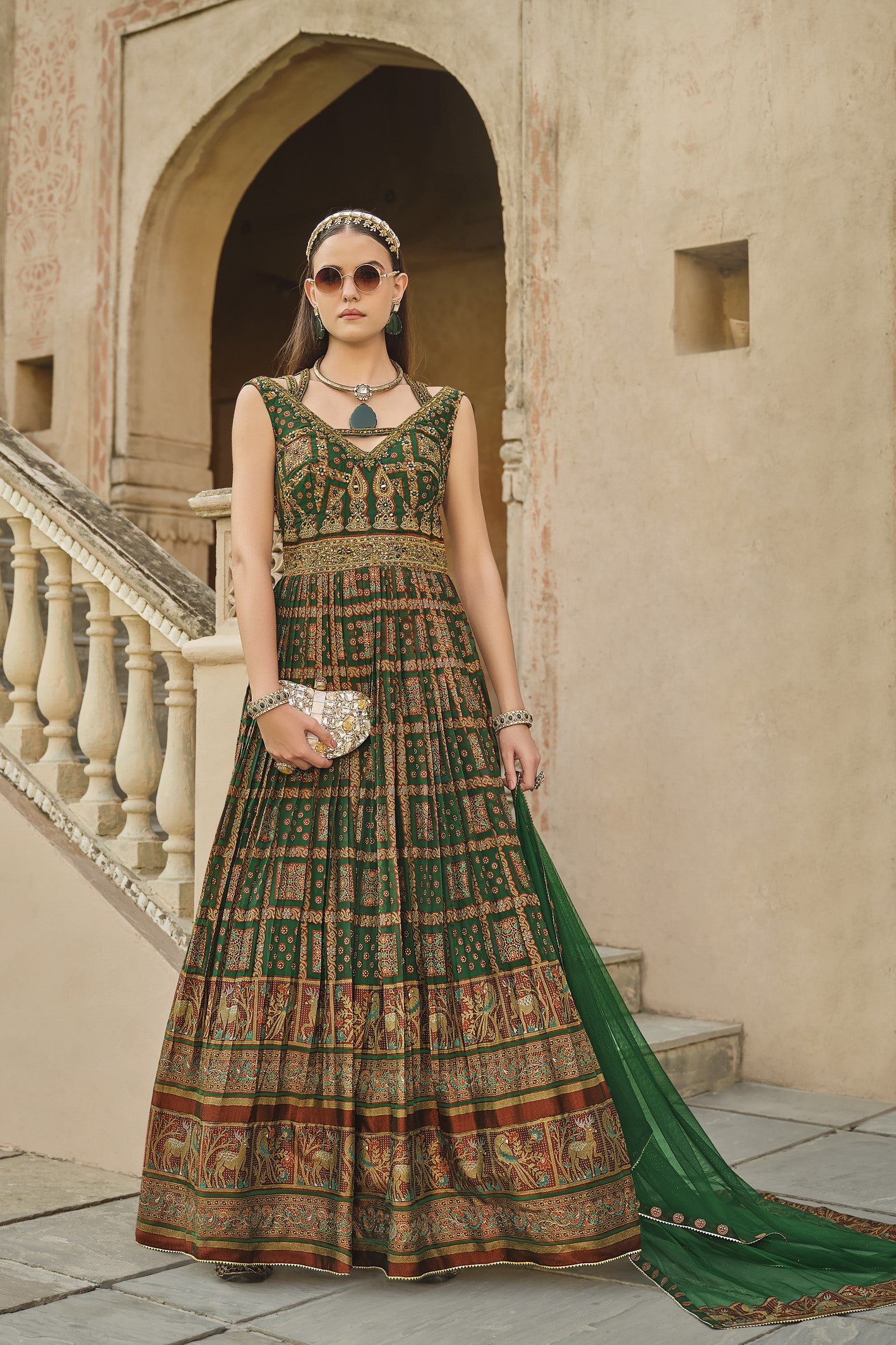 Green Embellished Premium Silk Anarkali Set