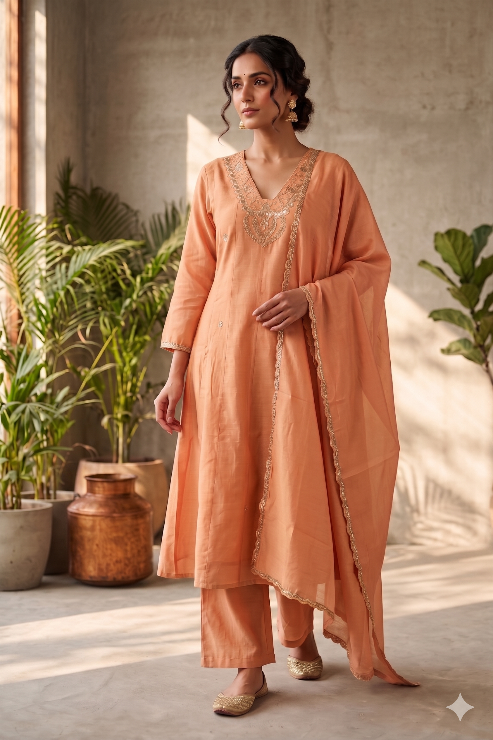 Dusty Orange Mul Chanderi Silk Suit Set