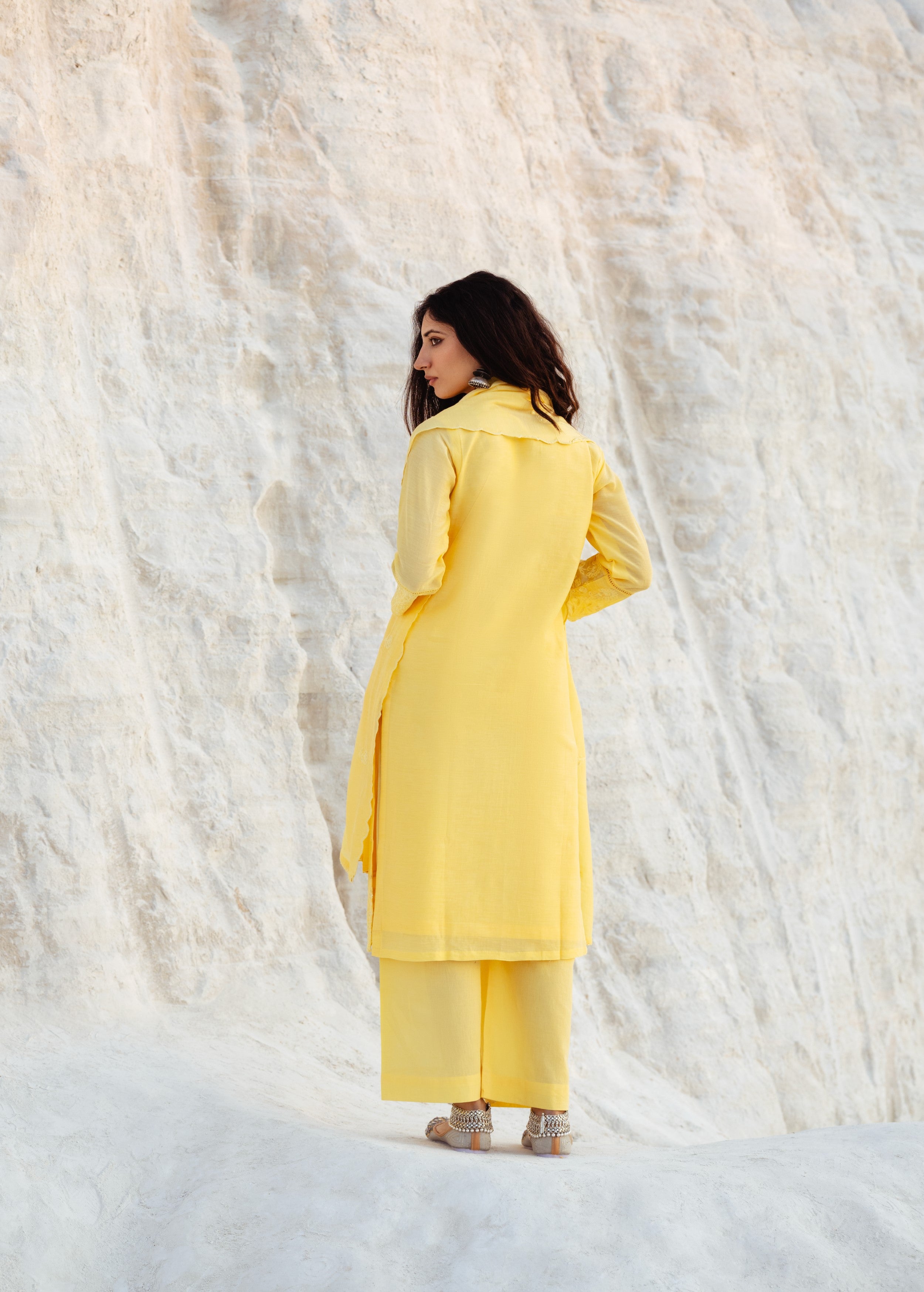 Lemon Embroidered Mul-Chanderi Silk Pant Set