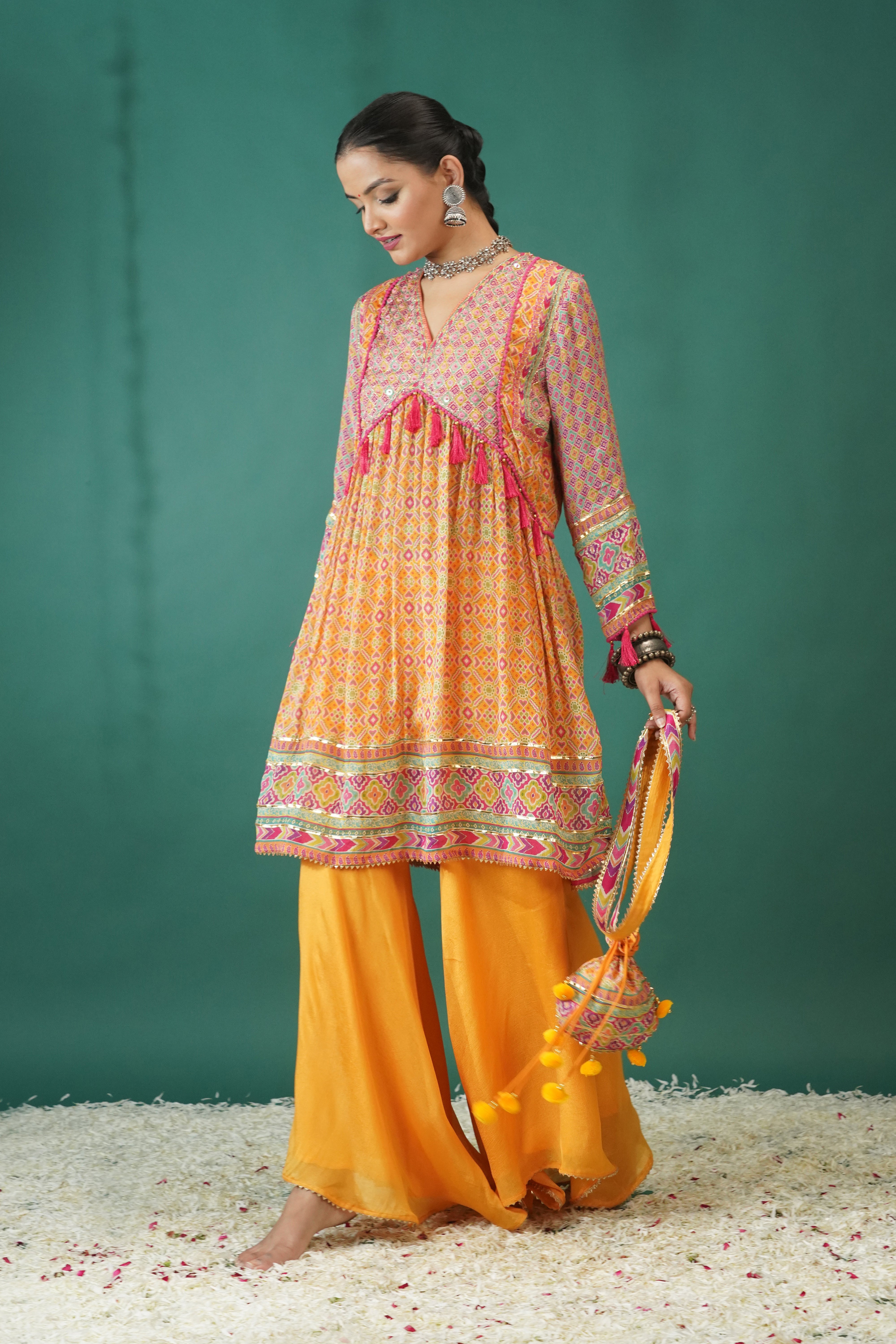 Yellow Traditional Printed Chinon Silk Palazzo Set