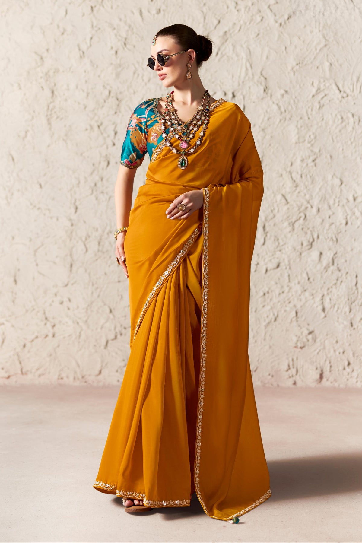 Mustard Orange Embellished Tissue Silk Saree