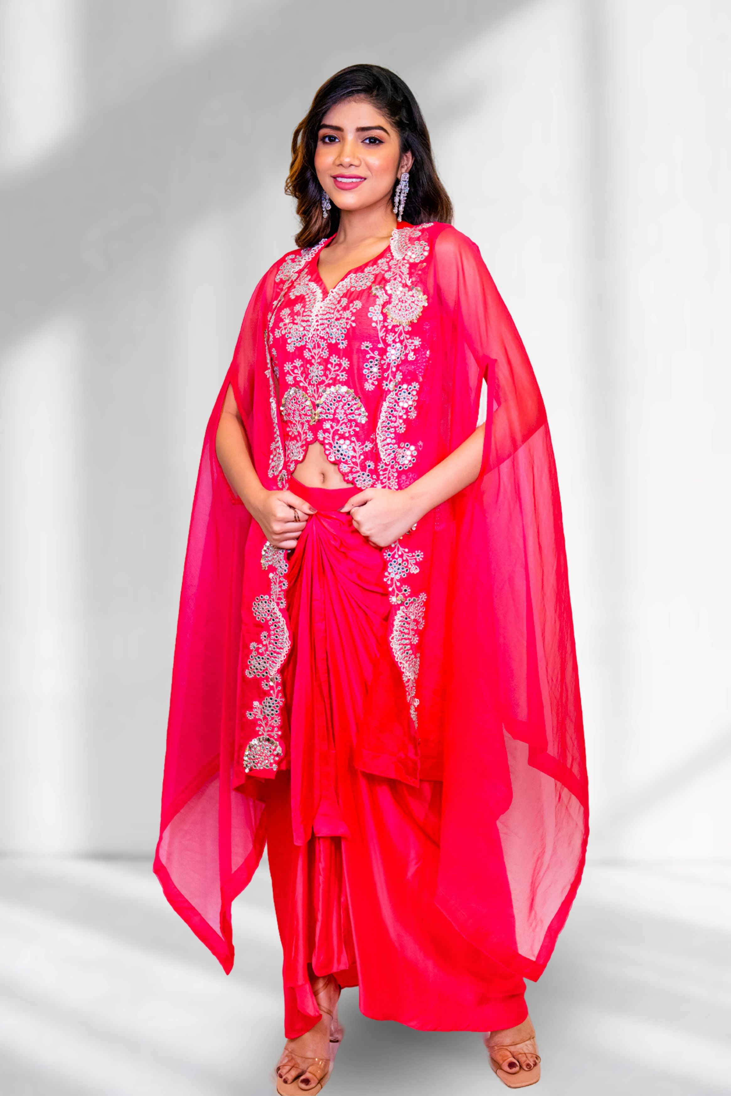 Pink Embellished Premium Organza Silk Cape Set