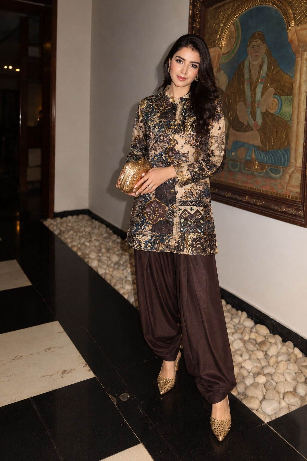 Espresso Brown Printed Gajji Silk Co-Ord Set