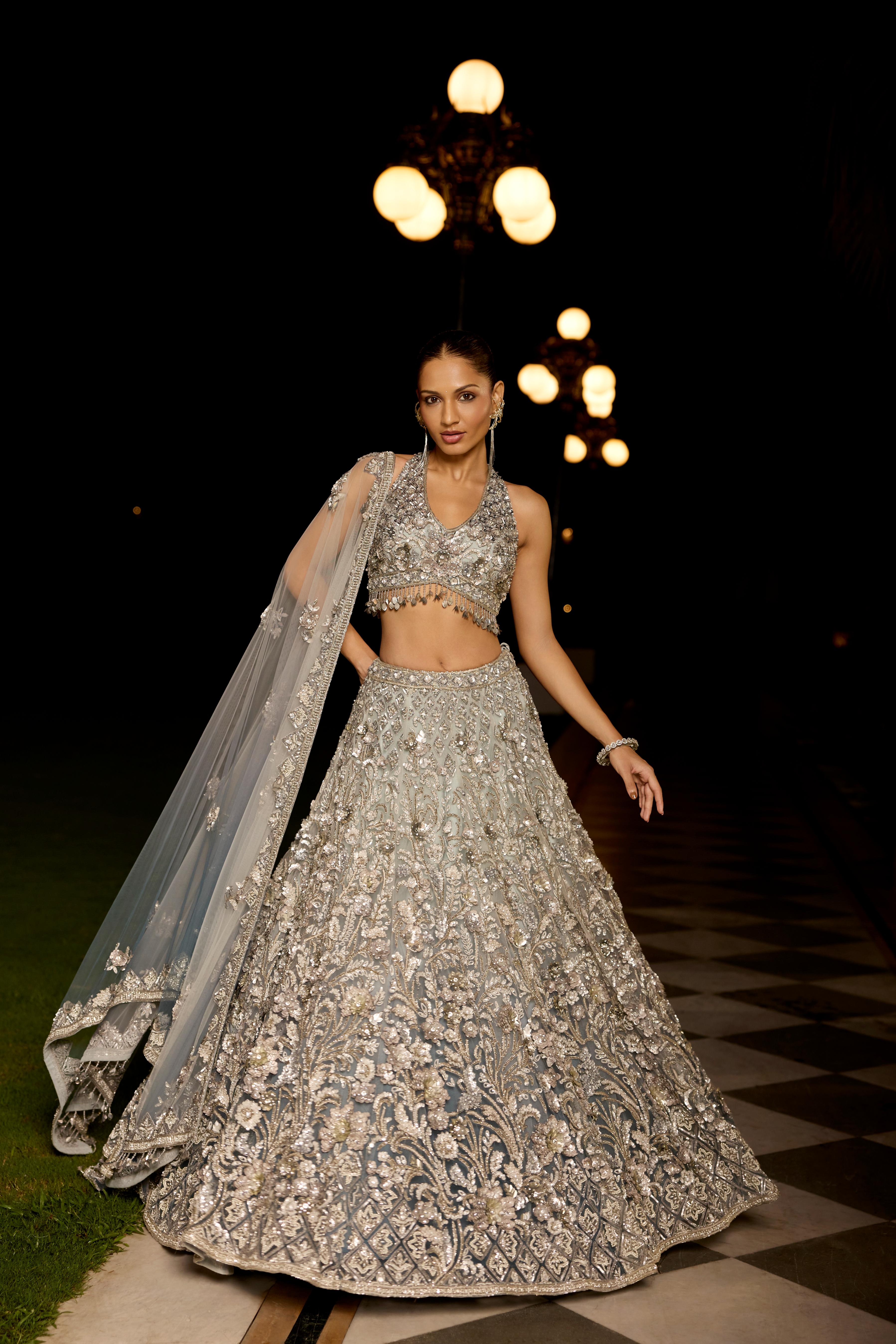 Dusty Grey to Midnight Blue Embellished Premium Lehenga Set