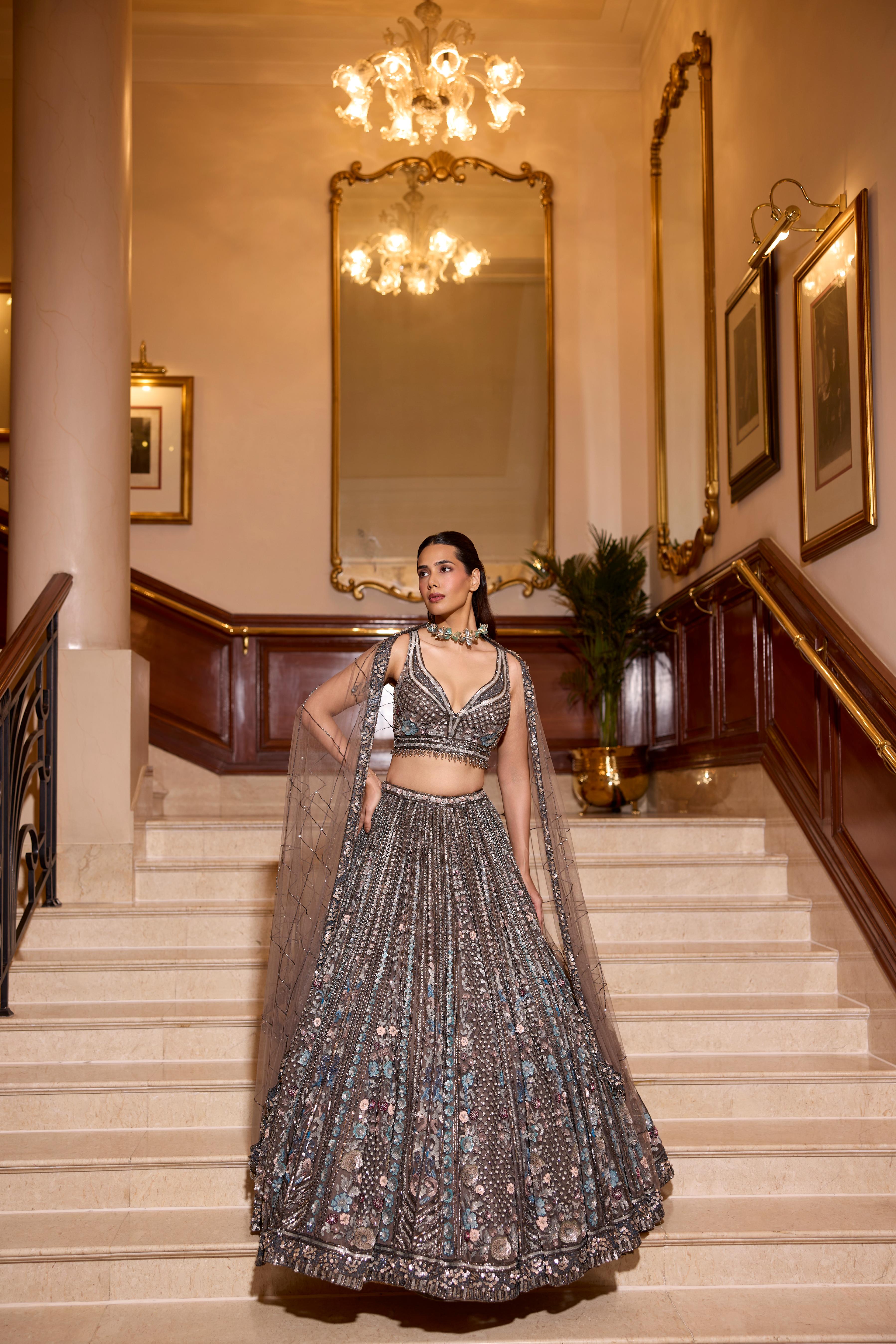 Smoky Grey Embellished Premium Lehenga Set