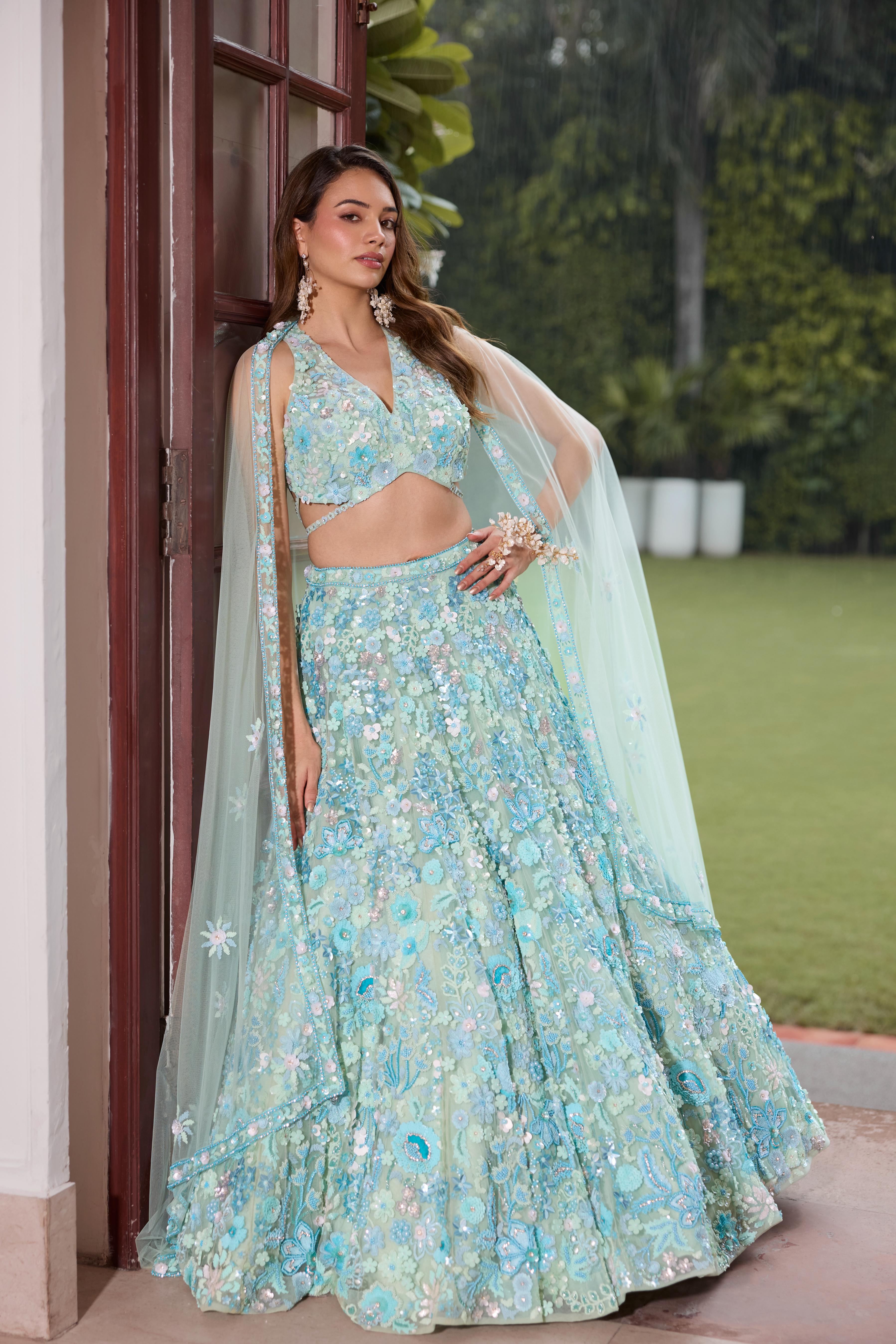 Aqua Pastel Blue Embellished Premium Lehenga Set
