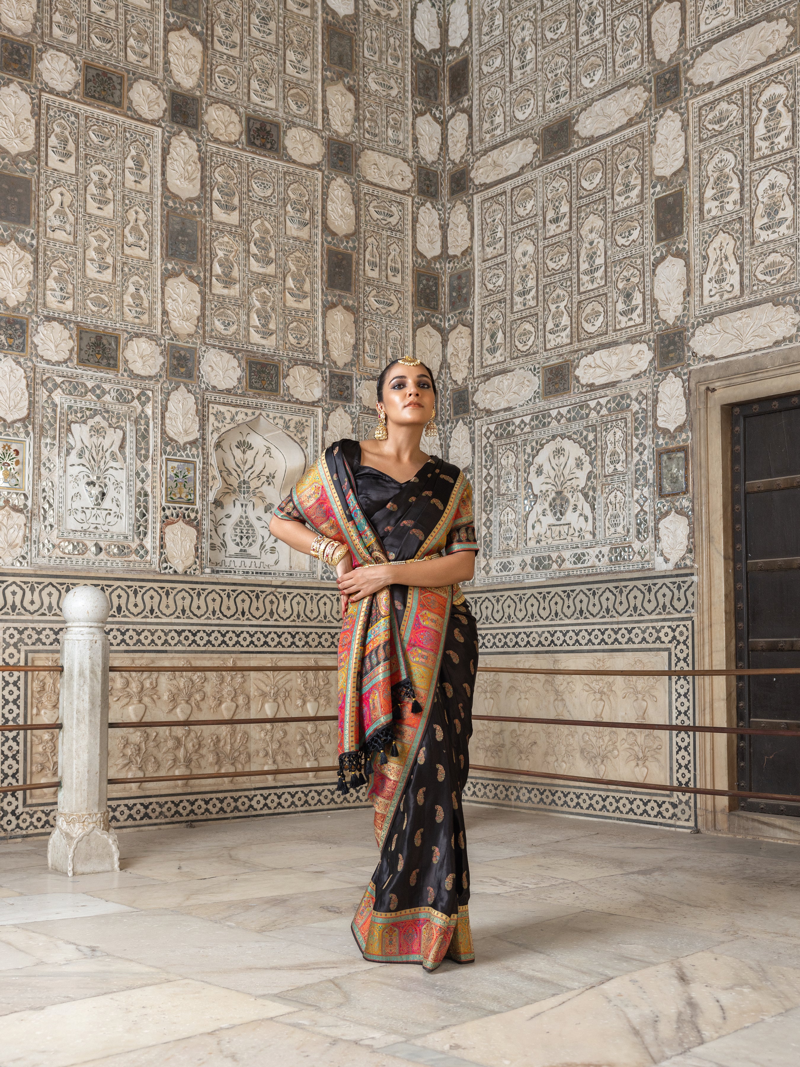 Nightingale Black Traditional Printed Gajji Silk Saree