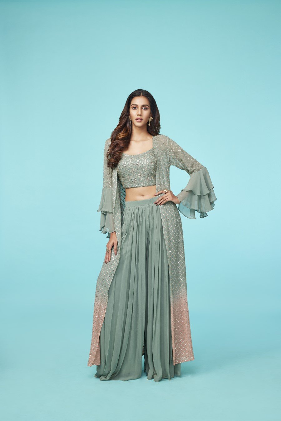 Pastel Blue Embellished Cape Set with Palazzo