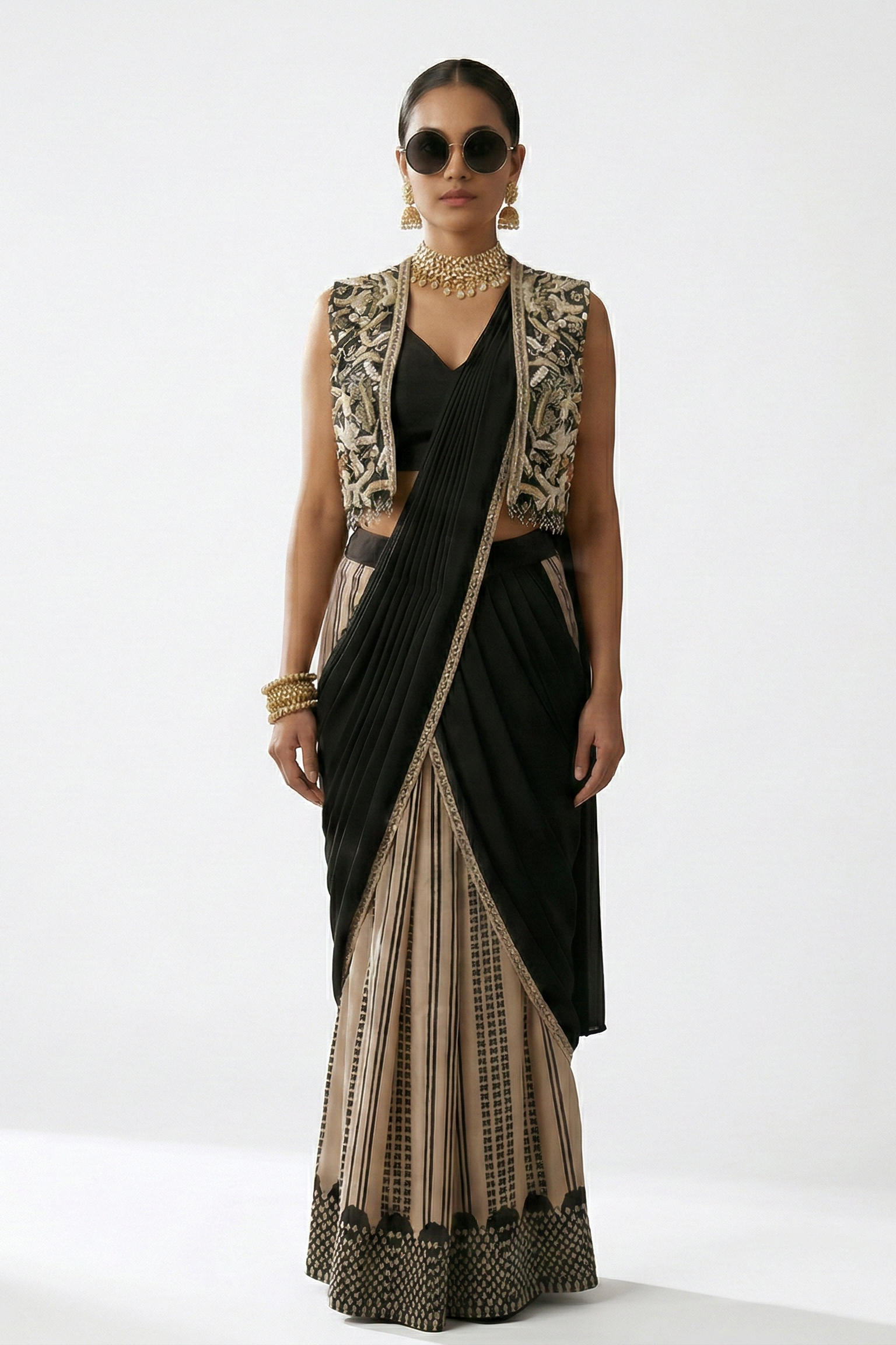 Midnight Noir Embellished Premium Silk Pre-Draped Saree
