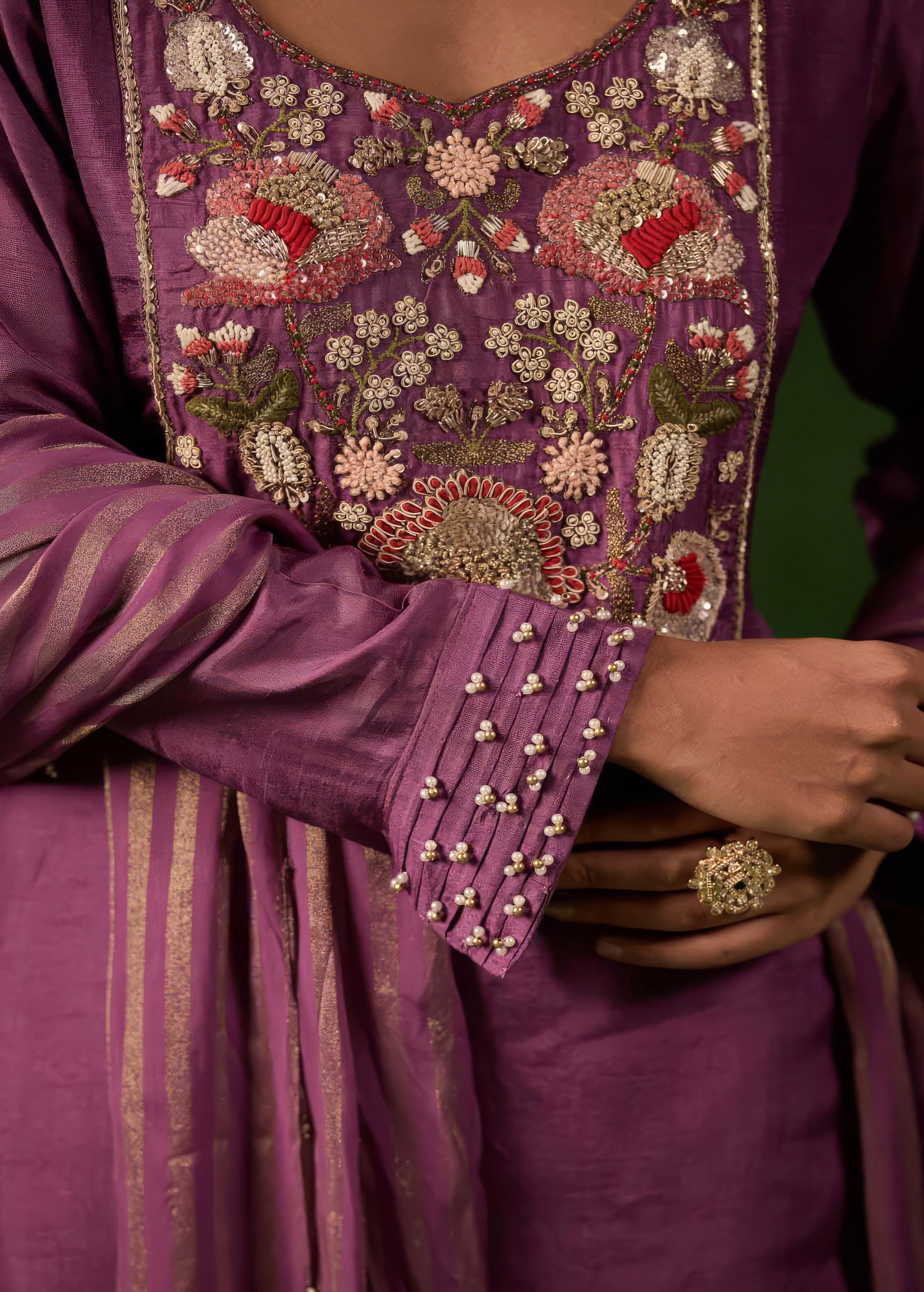 Plum Purple Embellished Raw Silk Sharara Set