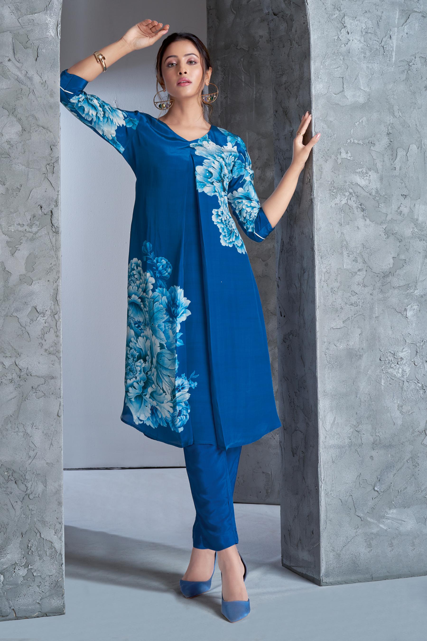Royal Blue Floral Digital Printed Habutai Silk Pants Set
