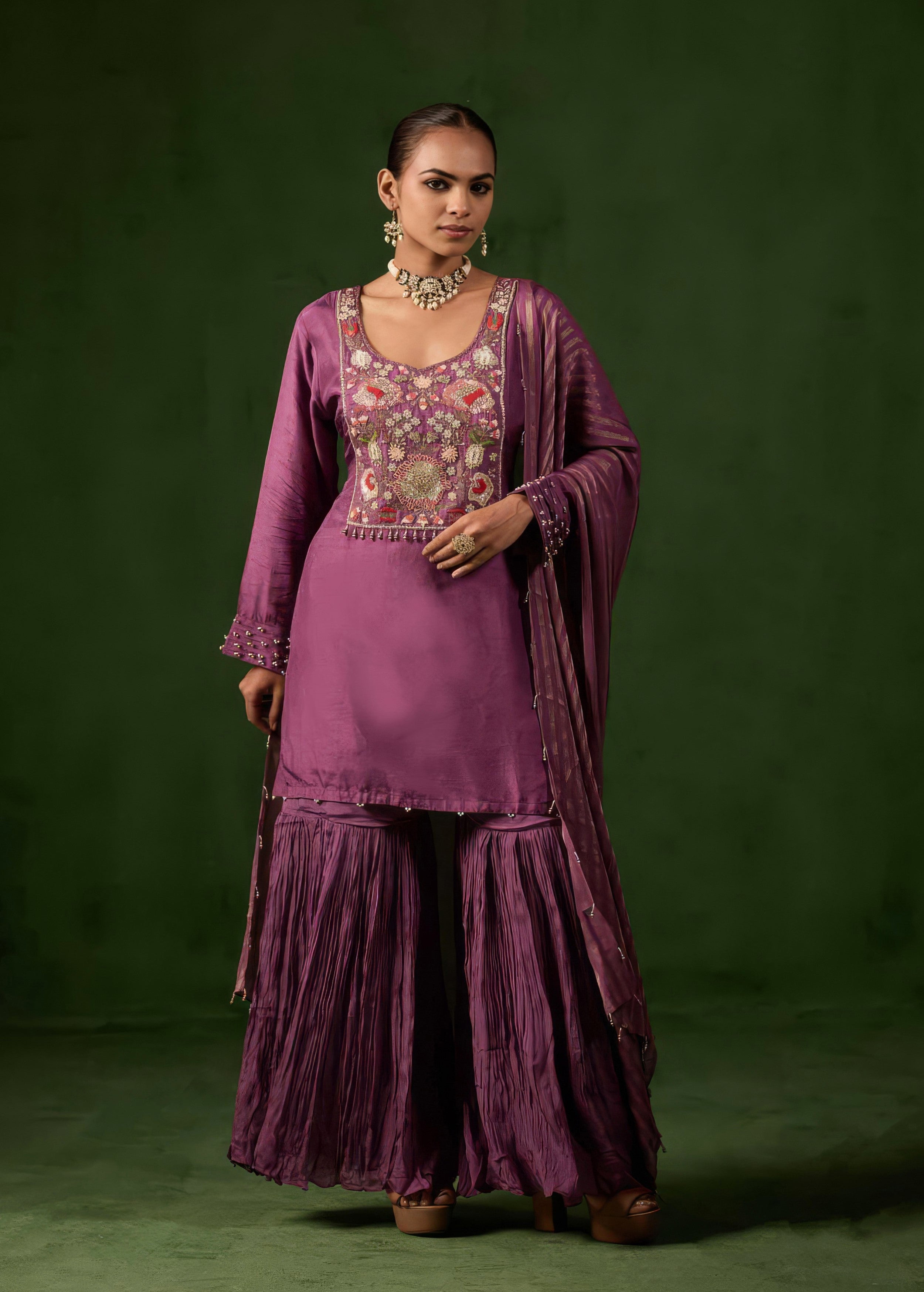 Plum Purple Embellished Raw Silk Sharara Set
