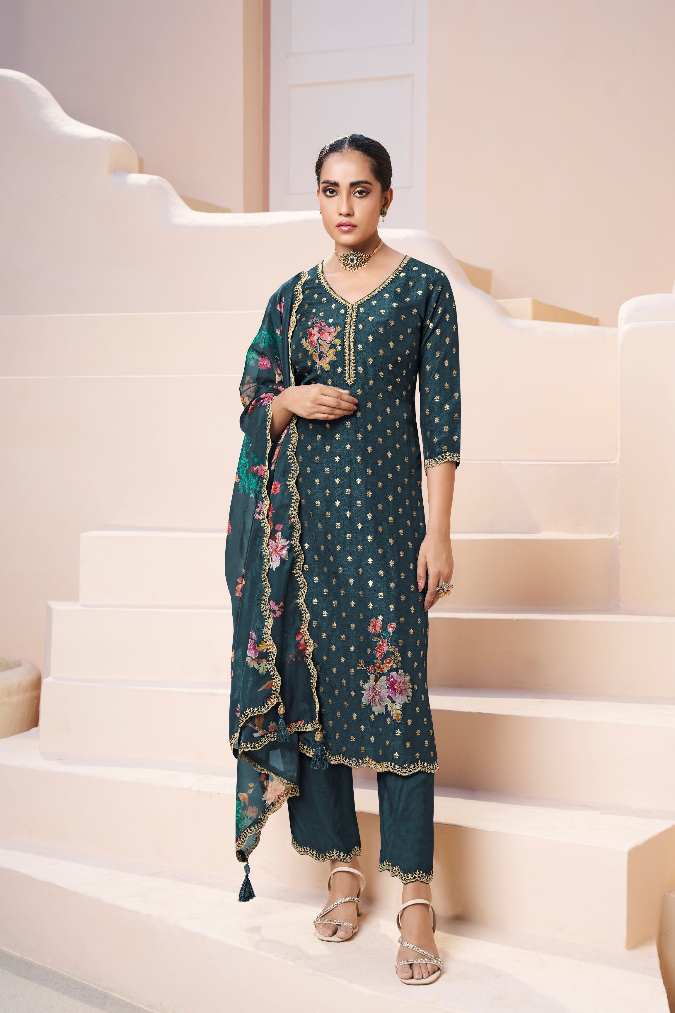 Floral Teal Dola Silk Kurta & Pant Set