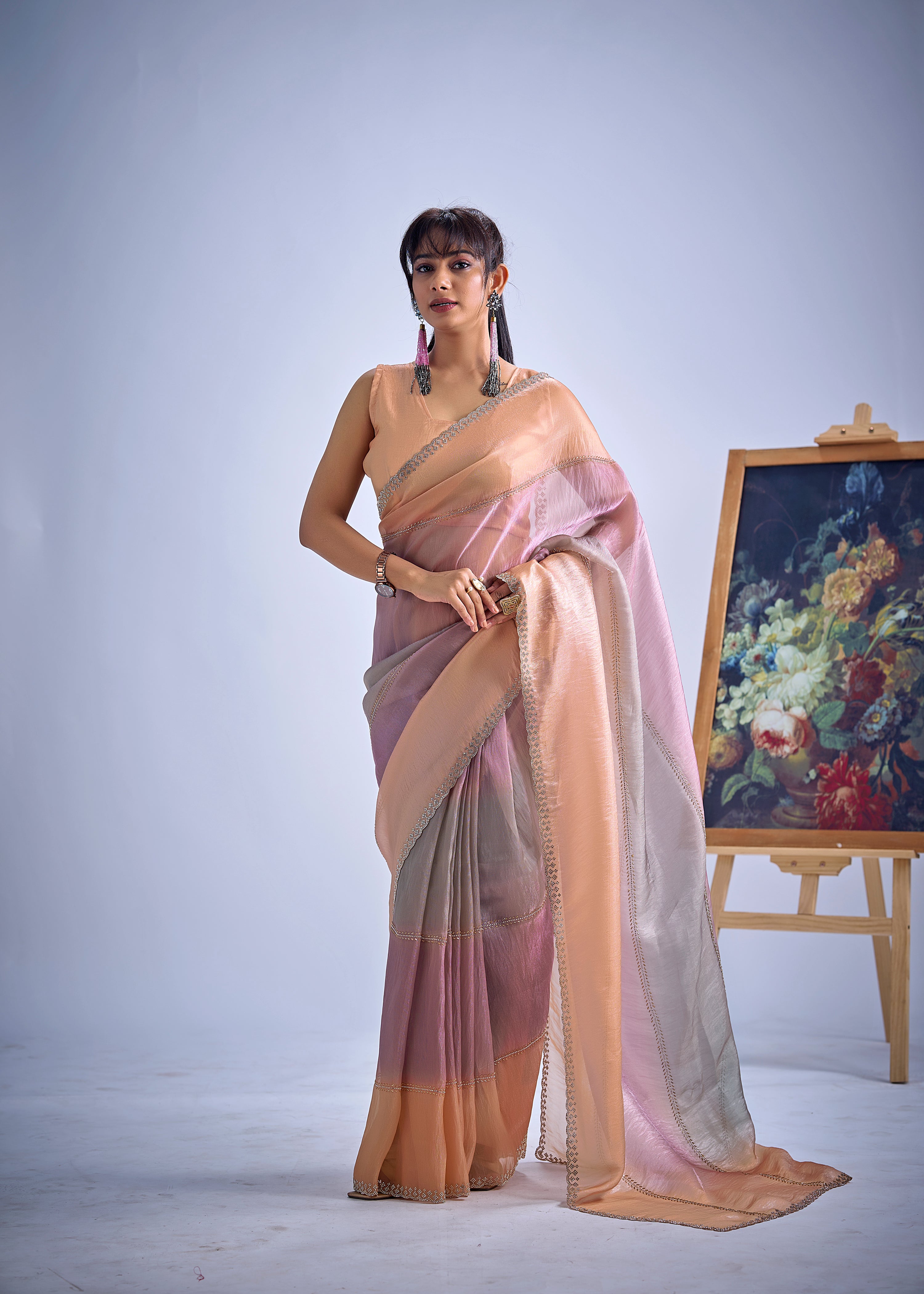 Peachy Mauve Embellished Premium Silk Saree